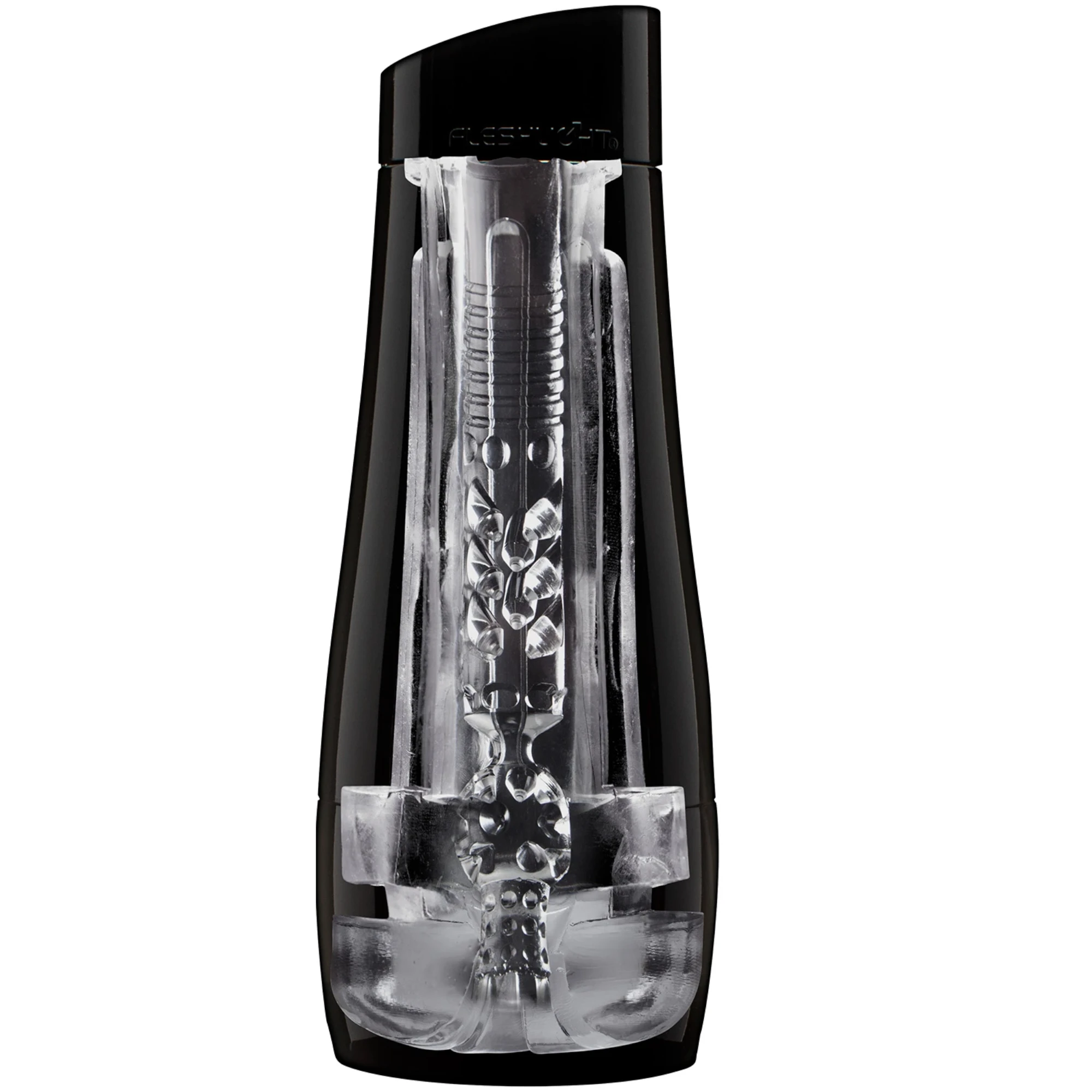 Fleshlight Flight Pilot male masturbator shown from front displaying black outer casing with Fleshlight branding, clear transparent chamber revealing internal textured design with multiple ridges and stimulation patterns, removable cap, and base against white background