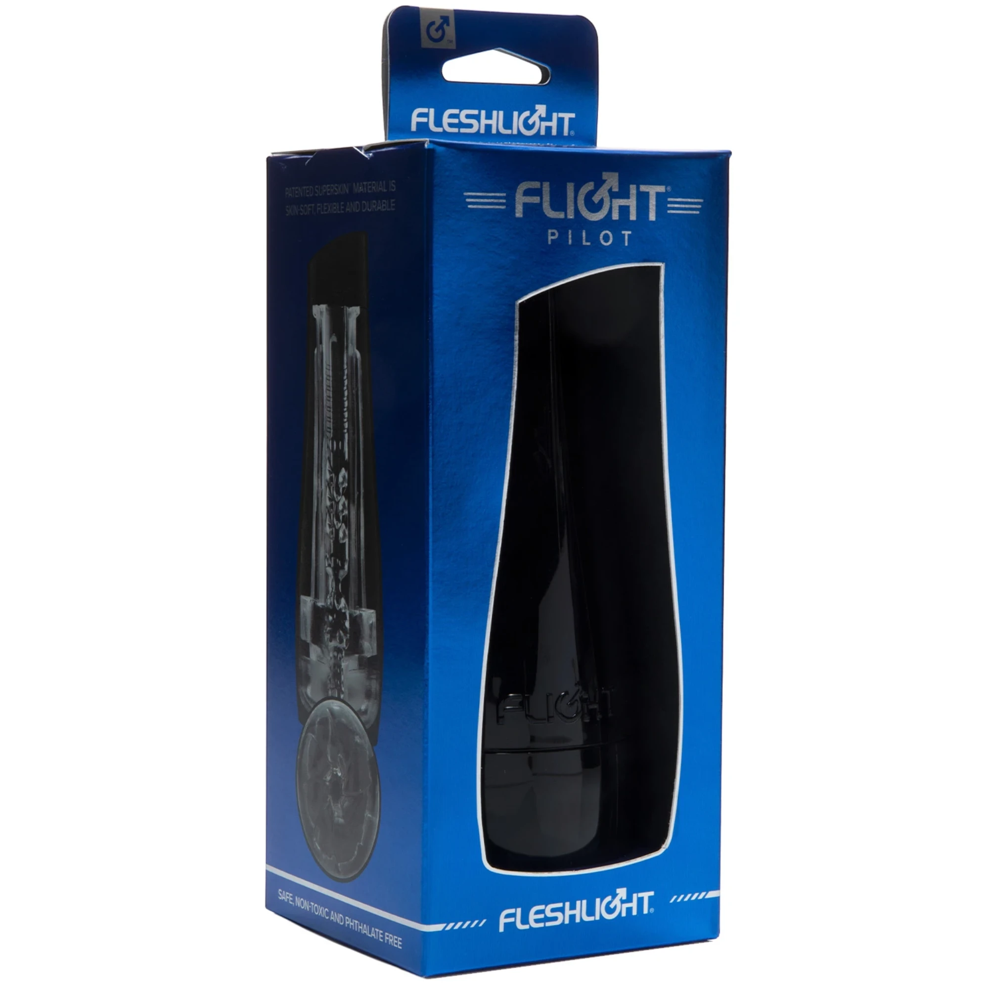 Fleshlight Flight Pilot packaging box shown from front displaying blue and black design, 'FLIGHT PILOT' text in white, product image of black male masturbator with visible internal texture detail on left side, white hanging tab at top, Fleshlight branding, and product information against white background