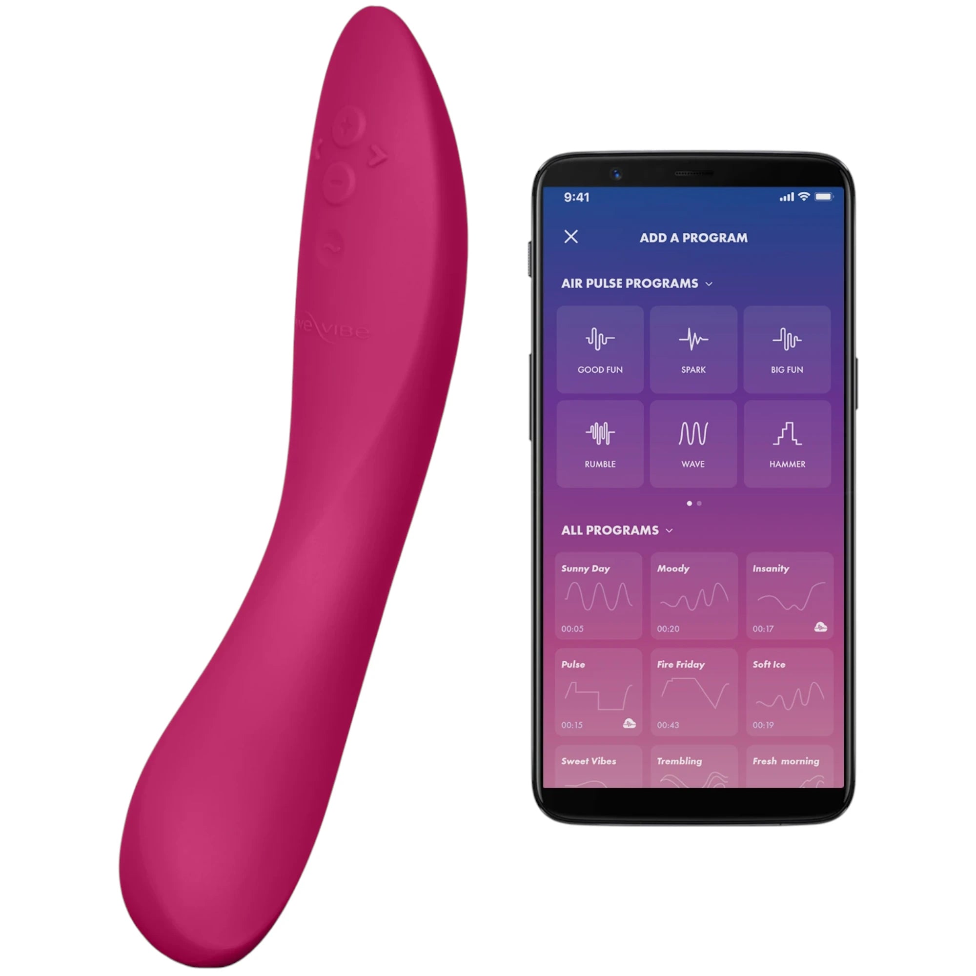We-Vibe Rave 2 G-spot vibrator in magenta shown from front displaying curved tapered body, control buttons near top, and smooth silicone finish, displayed alongside smartphone showing We-Vibe app interface with program and vibration pattern options against white background