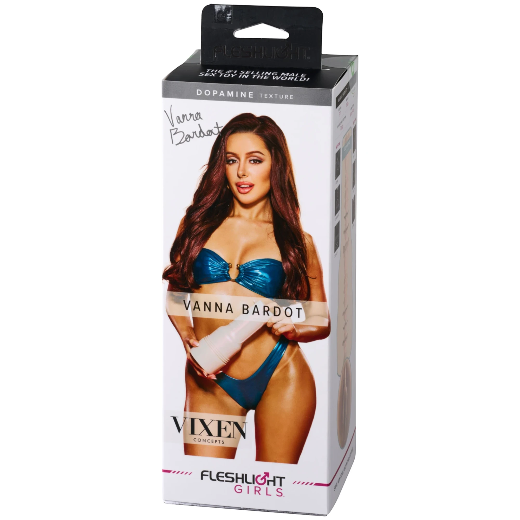 Fleshlight Girls Vanna Bardot “Dopamine Texture” retail box shown upright, featuring a promo image of Vanna Bardot holding the white Fleshlight case, with “Dopamine Texture” at the top and Fleshlight Girls branding on the front