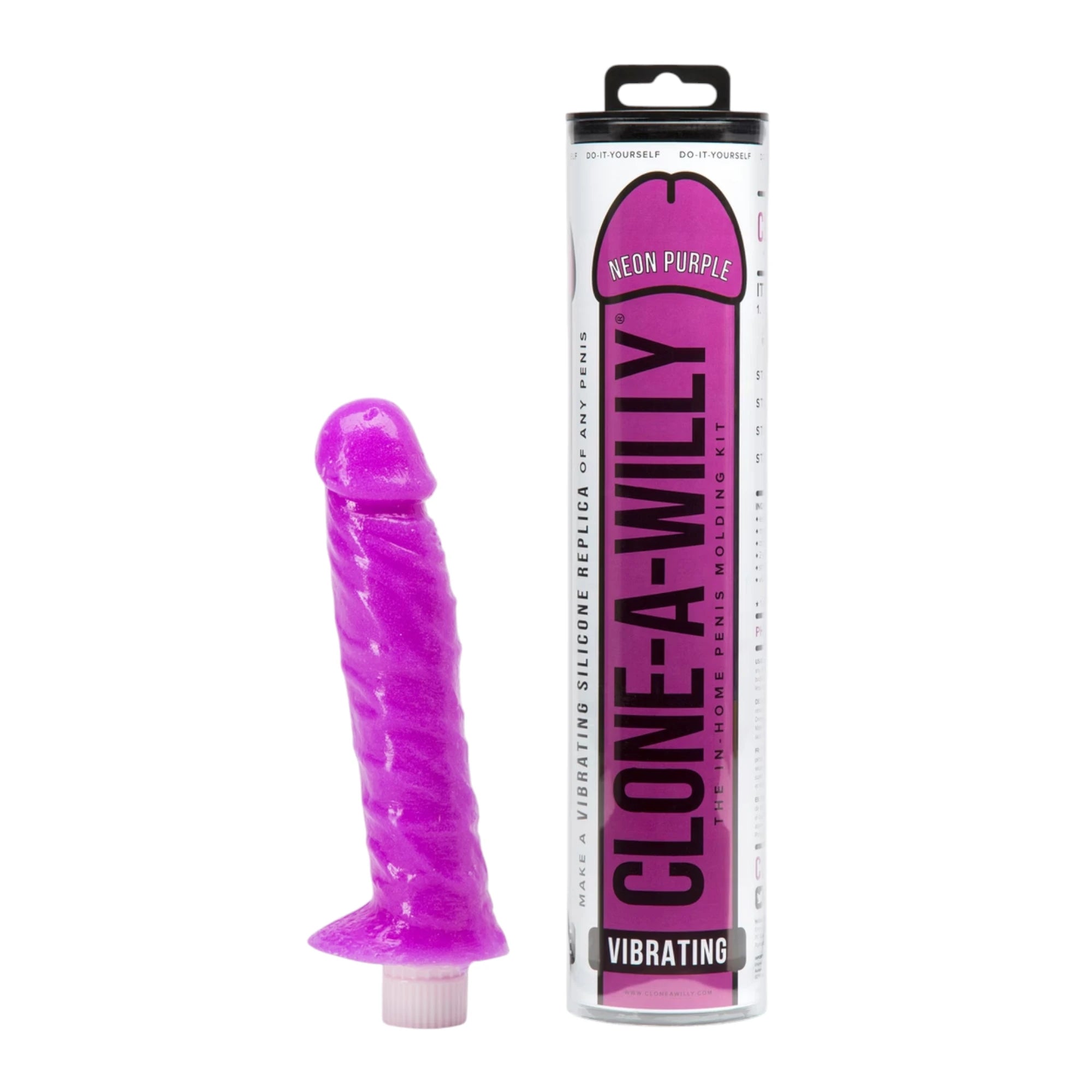 Clone-A-Willy vibrating penis moulding kit in neon purple displayed with finished bright purple silicone vibrating dildo replica and packaging box against white background