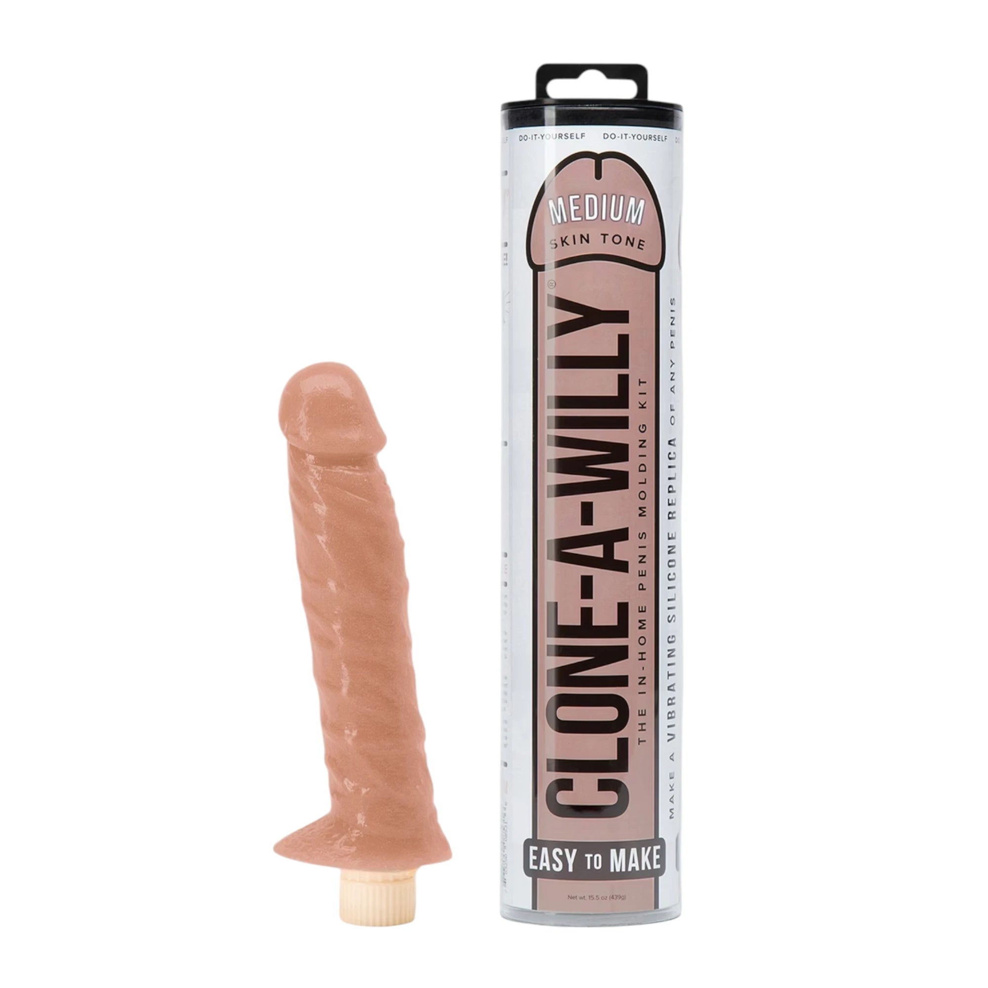 Clone-A-Willy penis moulding kit in medium skin tone displayed with finished tan silicone dildo replica and packaging box with 'Easy To Make' label against white background