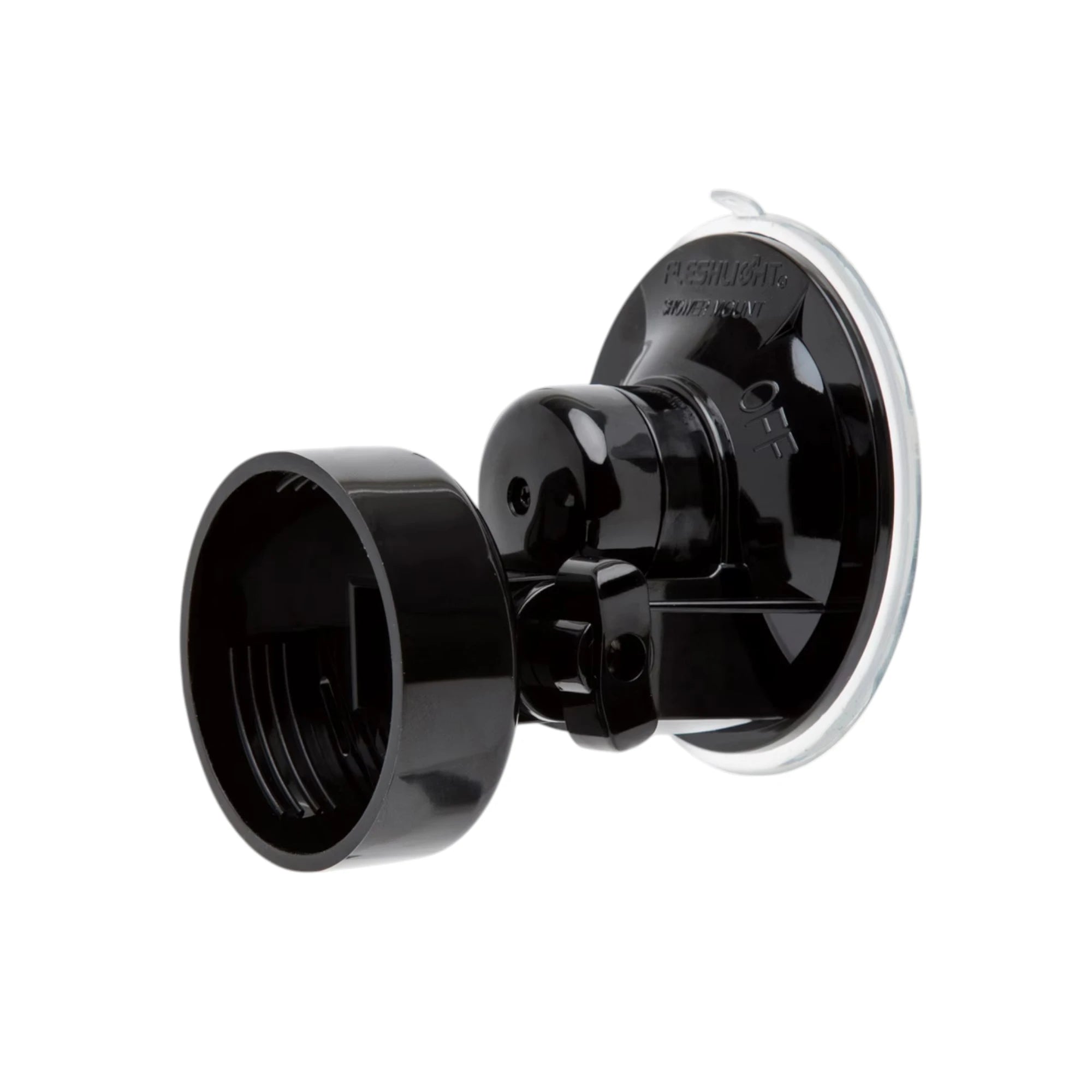 The Fleshlight Shower Mount & Hands-Free Adaptor in black plastic with a suction cup base and threaded adaptor ring, shown on a plain white background