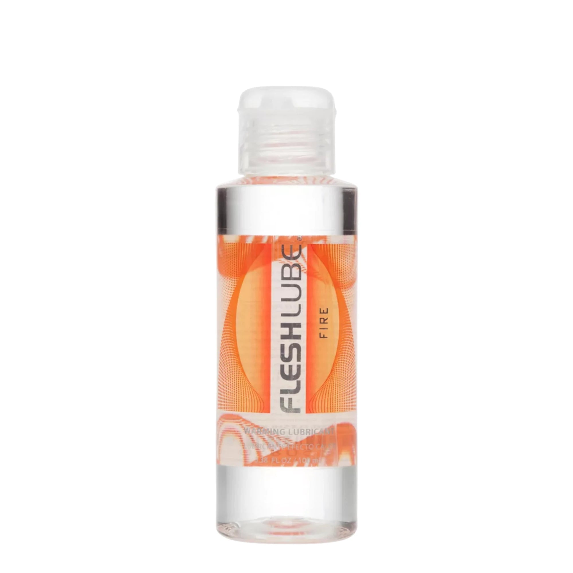 The Fleshlight Fleshlube Fire Warming Water-Based Lubricant (100ml) bottle with clear liquid, a clear flip-top cap, and an orange label with vertical ‘FLESHLUBE’ text and ‘Fire’ branding, shown on a plain white background