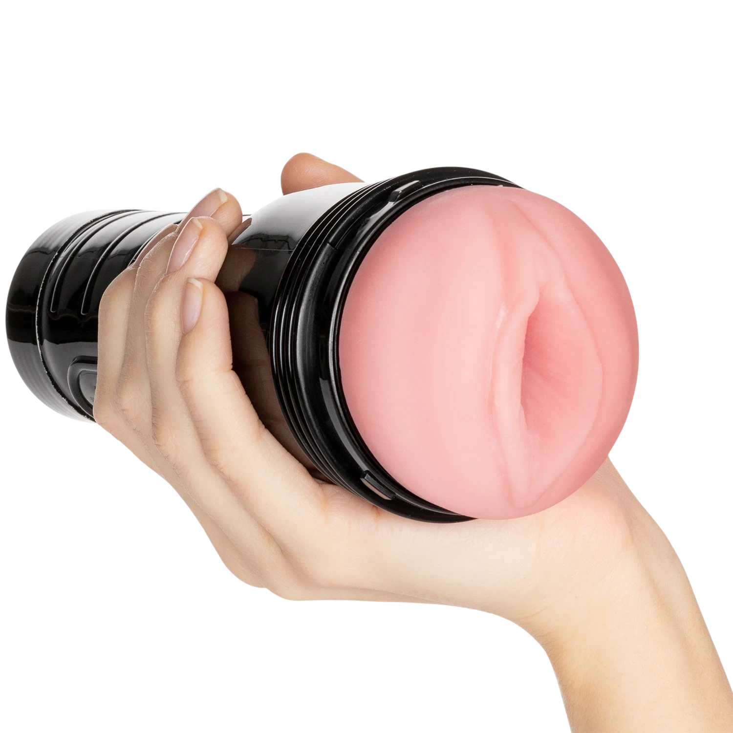 Fleshlight Go Surge realistic vagina stroker toy held in hand displaying black cylindrical case with ribbed grip and pink textured sleeve against transparent background