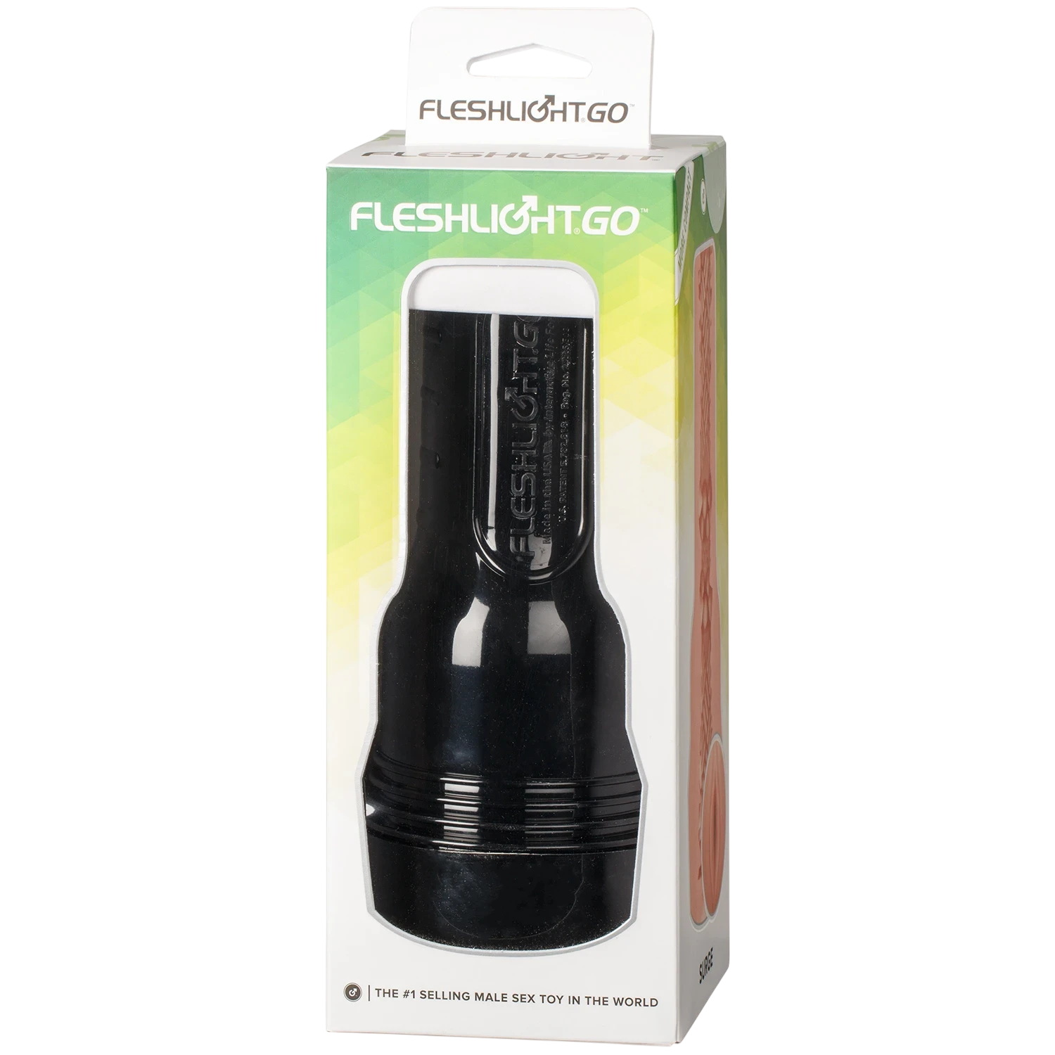 Fleshlight Go packaging box with green and yellow gradient header, white body displaying black stroker toy in clear window, Fleshlight Go branding, and '#1 selling male sex toy in the world' text against transparent background