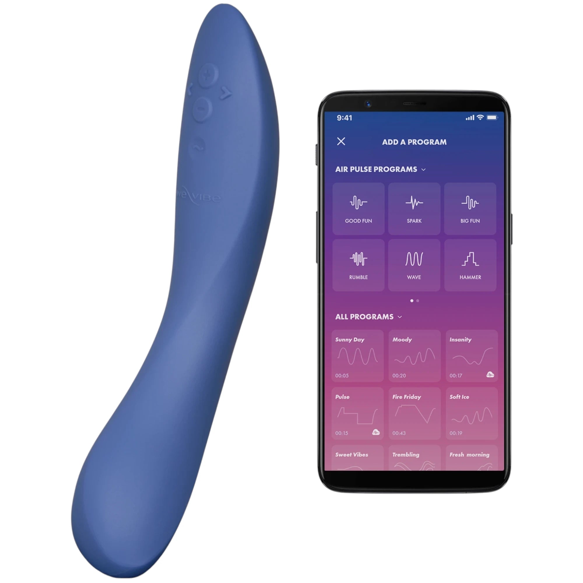 We-Vibe Rave 2 G-spot vibrator in deep blue shown from front displaying curved tapered body, control buttons near top, and smooth silicone finish, displayed alongside smartphone showing We-Vibe app interface with program and vibration pattern options against white background