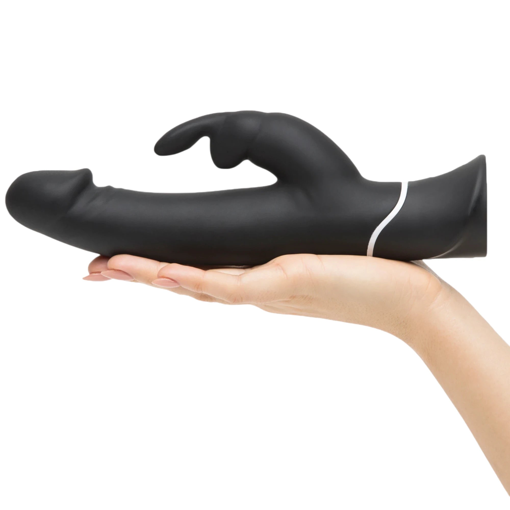 Happy Rabbit realistic rechargeable rabbit vibrator in black held in hand displaying curved realistic shaft, external rabbit ear stimulator, white accent band, and smooth silicone finish