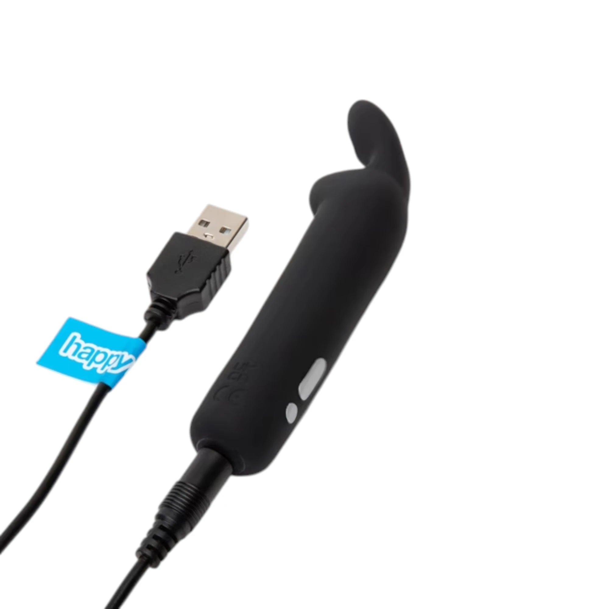 Happy Rabbit rechargeable rabbit ears bullet vibrator in black displayed with USB charging cable and blue Happy Rabbit branding tag against white background