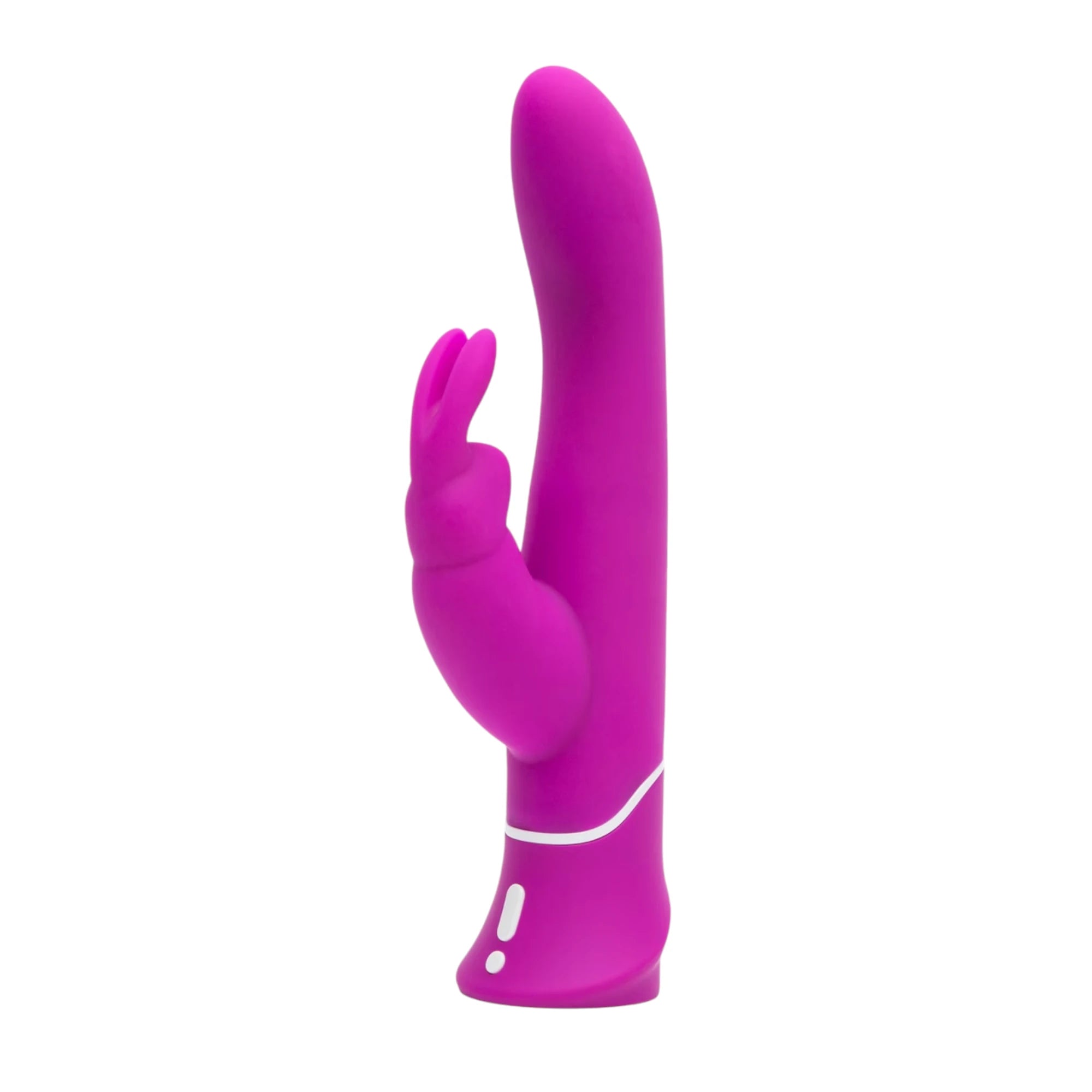 Happy Rabbit Curve rabbit vibrator in purple silicone shown from front displaying curved shaft, external rabbit ear stimulator, white accent band, and control buttons at base against white background