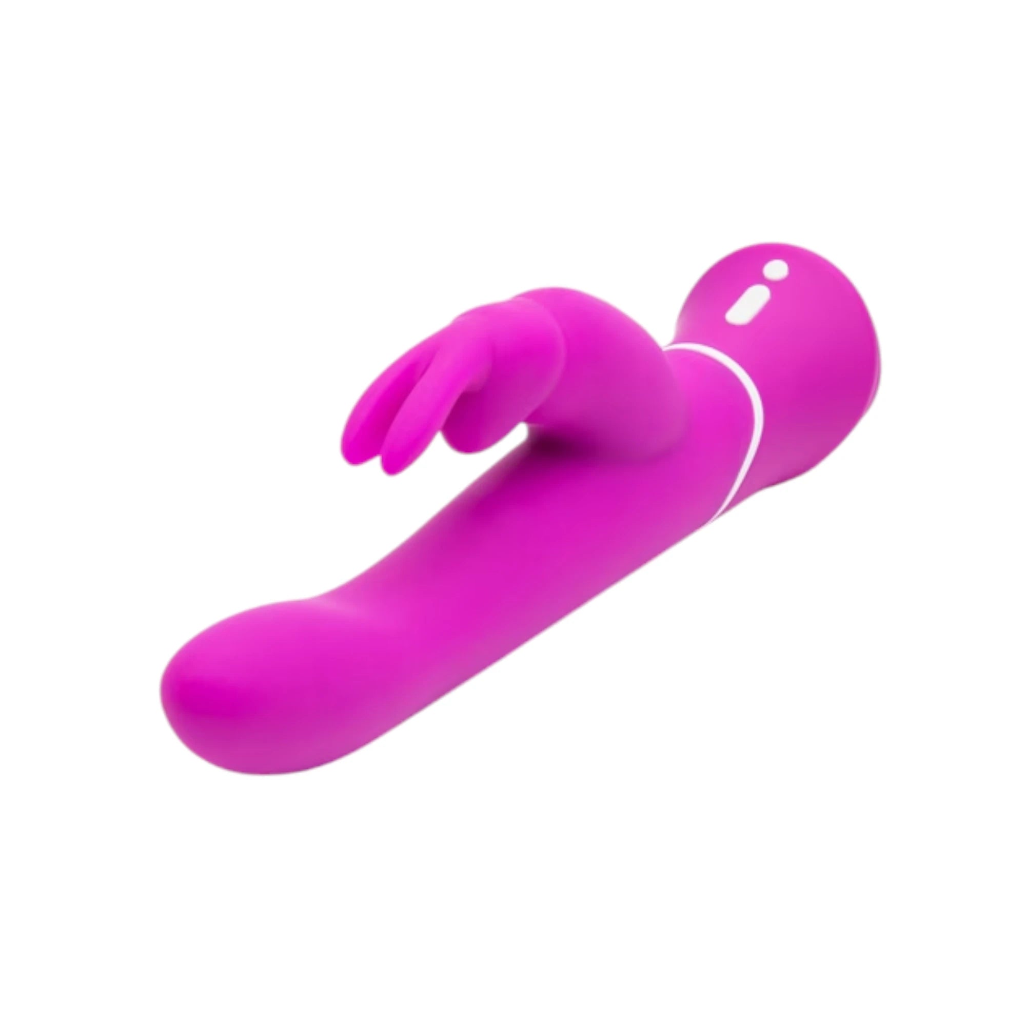 Happy Rabbit Curve rabbit vibrator in purple silicone shown from side angle displaying curved shaft, external rabbit ear stimulator, white accent band, and control buttons against white background