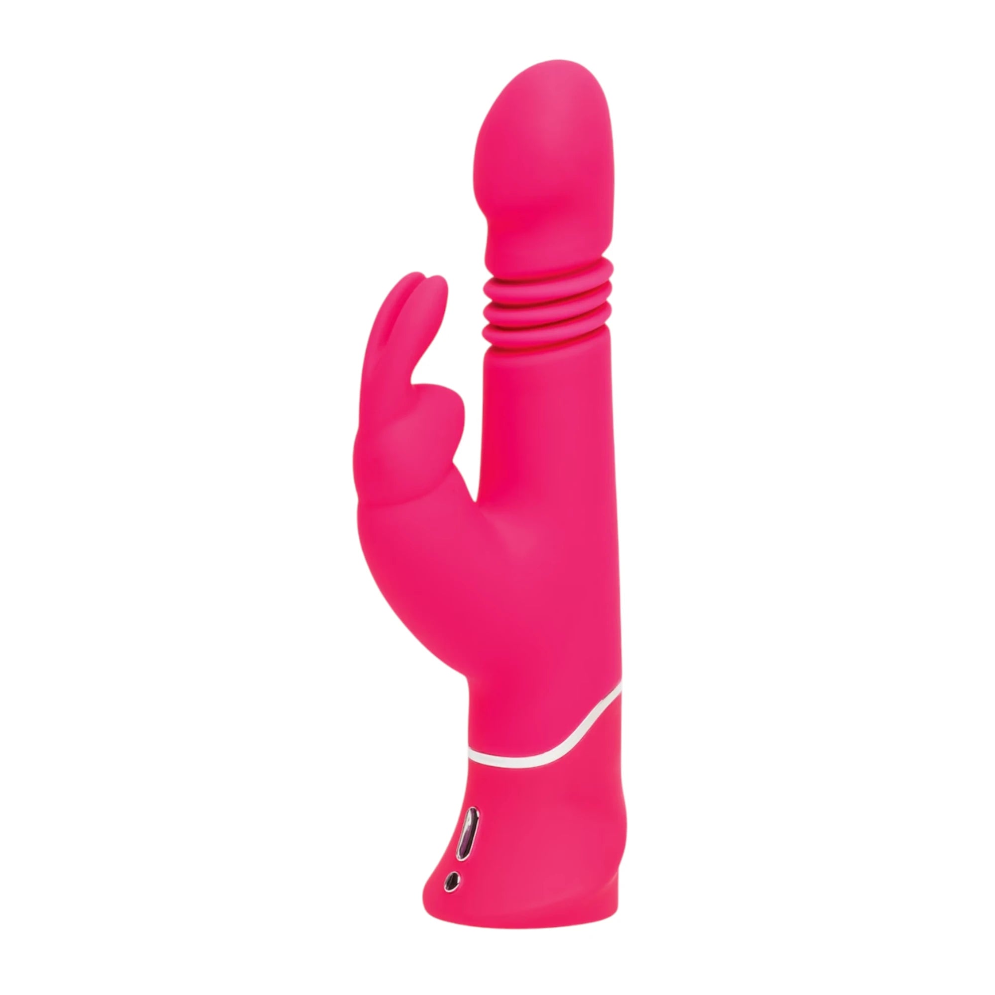Happy Rabbit thrusting realistic rabbit vibrator in hot pink silicone shown from front displaying realistic shaft with raised ring detail, external rabbit ear stimulator, white accent band, and control buttons at base against white background