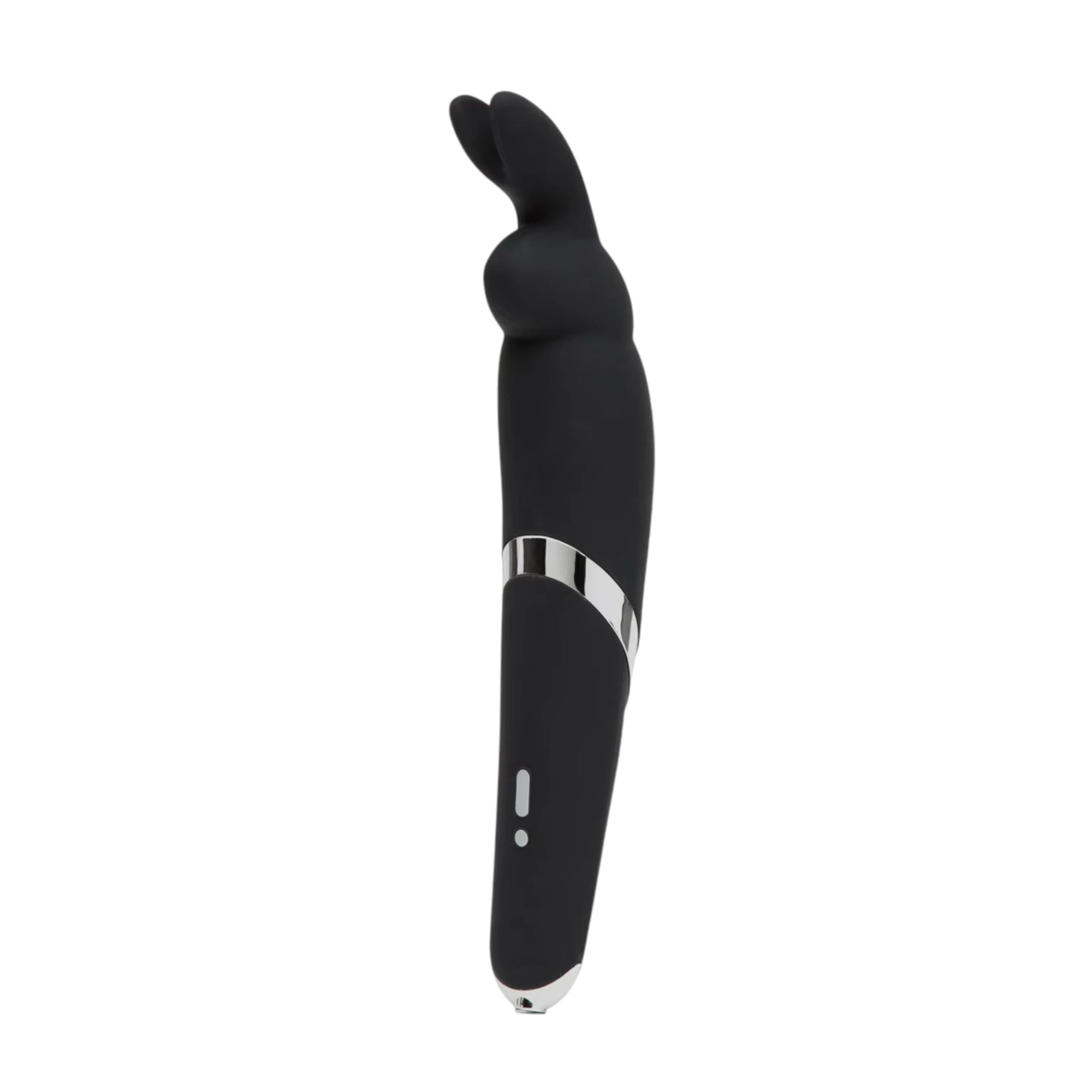 Happy Rabbit rechargeable wand vibrator in black shown from front displaying curved rabbit ear head, smooth silicone body, silver accent band, control buttons at base, and rounded tip against white background