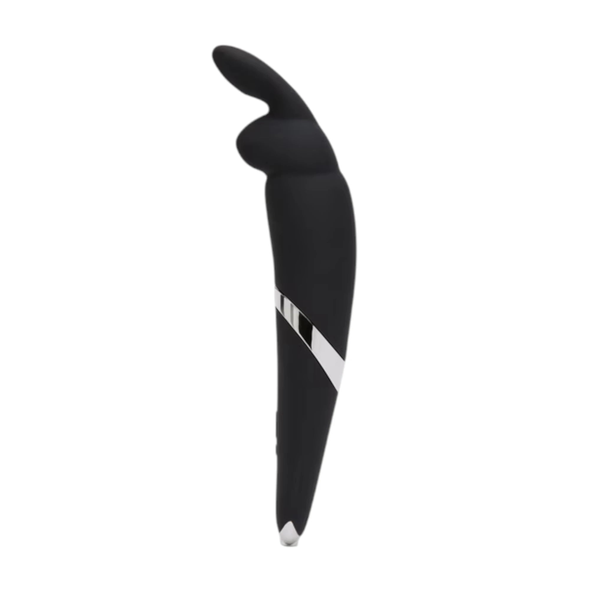 Happy Rabbit rechargeable wand vibrator in black shown from side displaying curved rabbit ear head, smooth silicone body, silver and white accent band, and tapered tip against white background