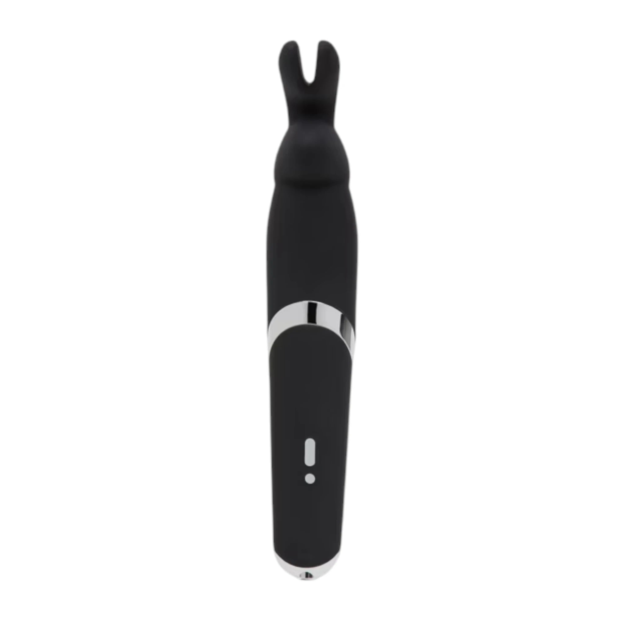 Happy Rabbit rechargeable wand vibrator in black shown from front displaying dual curved rabbit ear head, smooth silicone body, silver accent band, control buttons at base, and rounded tip against white background