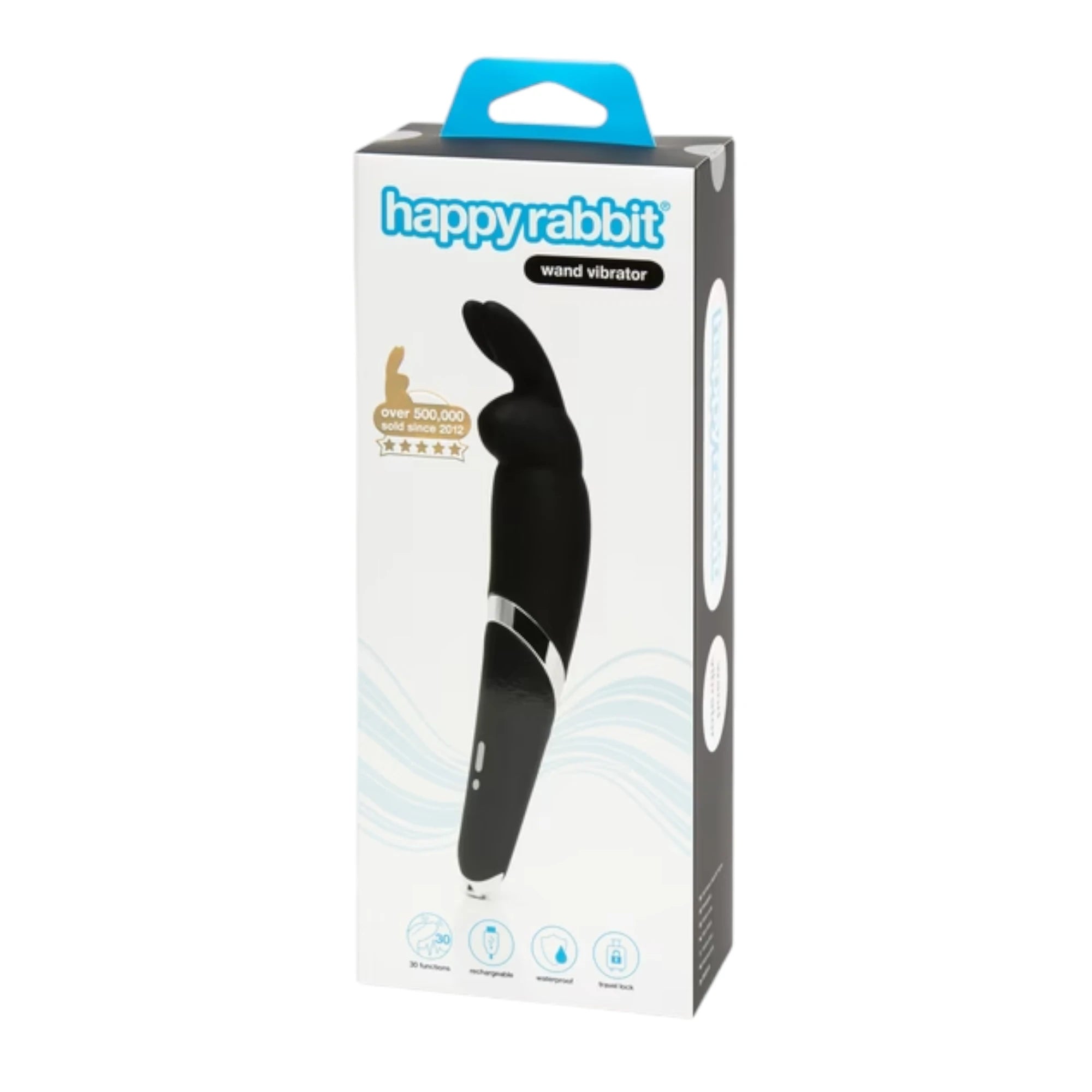 Happy Rabbit wand vibrator packaging box shown from front displaying product image, 'wand vibrator' label, Happy Rabbit branding in blue, 'Over 500,000 sold since 2012' gold badge with five stars, blue carry handle, feature icons for 30 functions, rechargeable, waterproof, and travel lock, and silver accent band detail against white background