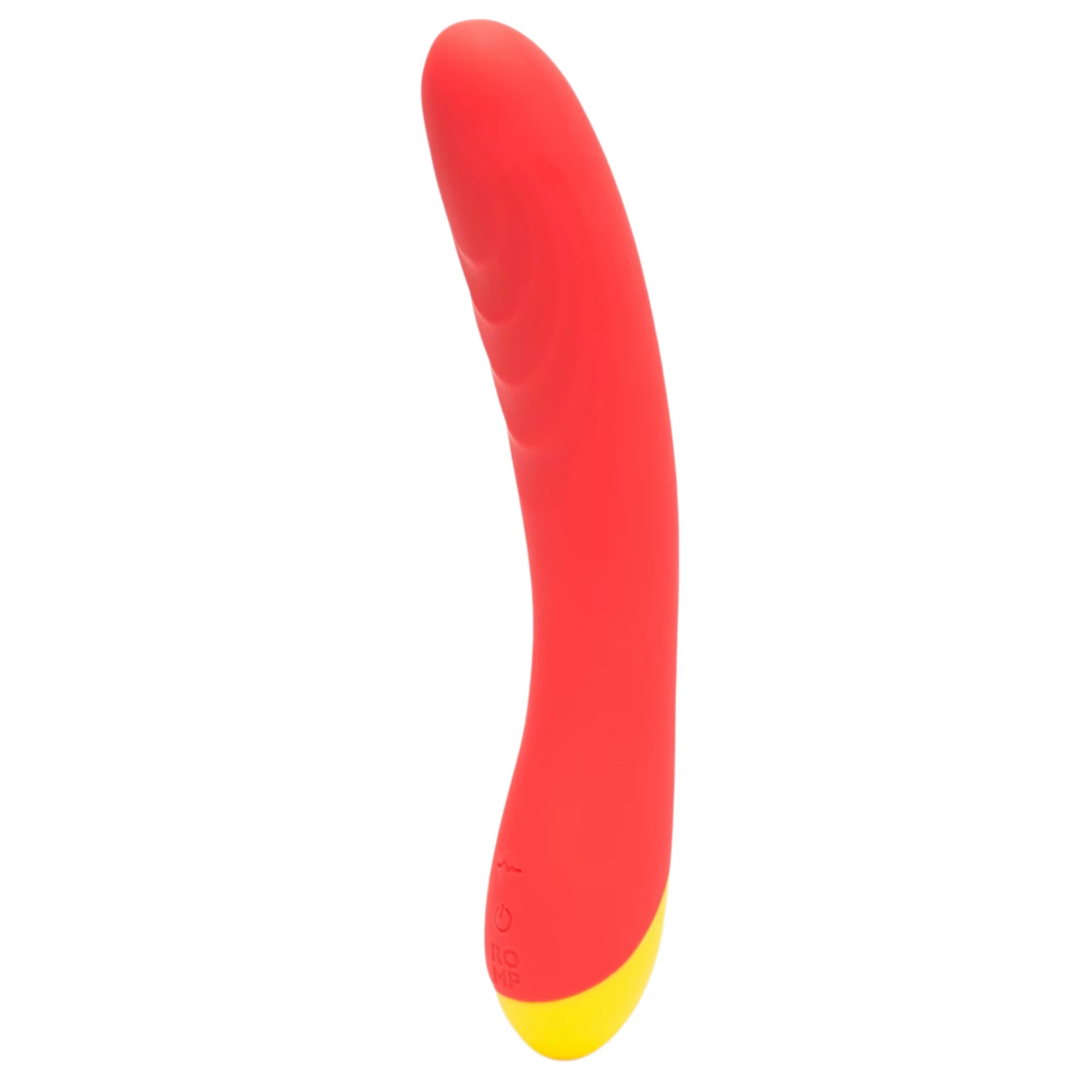 The ROMP Hype rechargeable G-spot vibrator in red silicone with a long curved shaft, subtle raised grip details near the tip, and a yellow rounded base with integrated control buttons, shown on a plain white background
