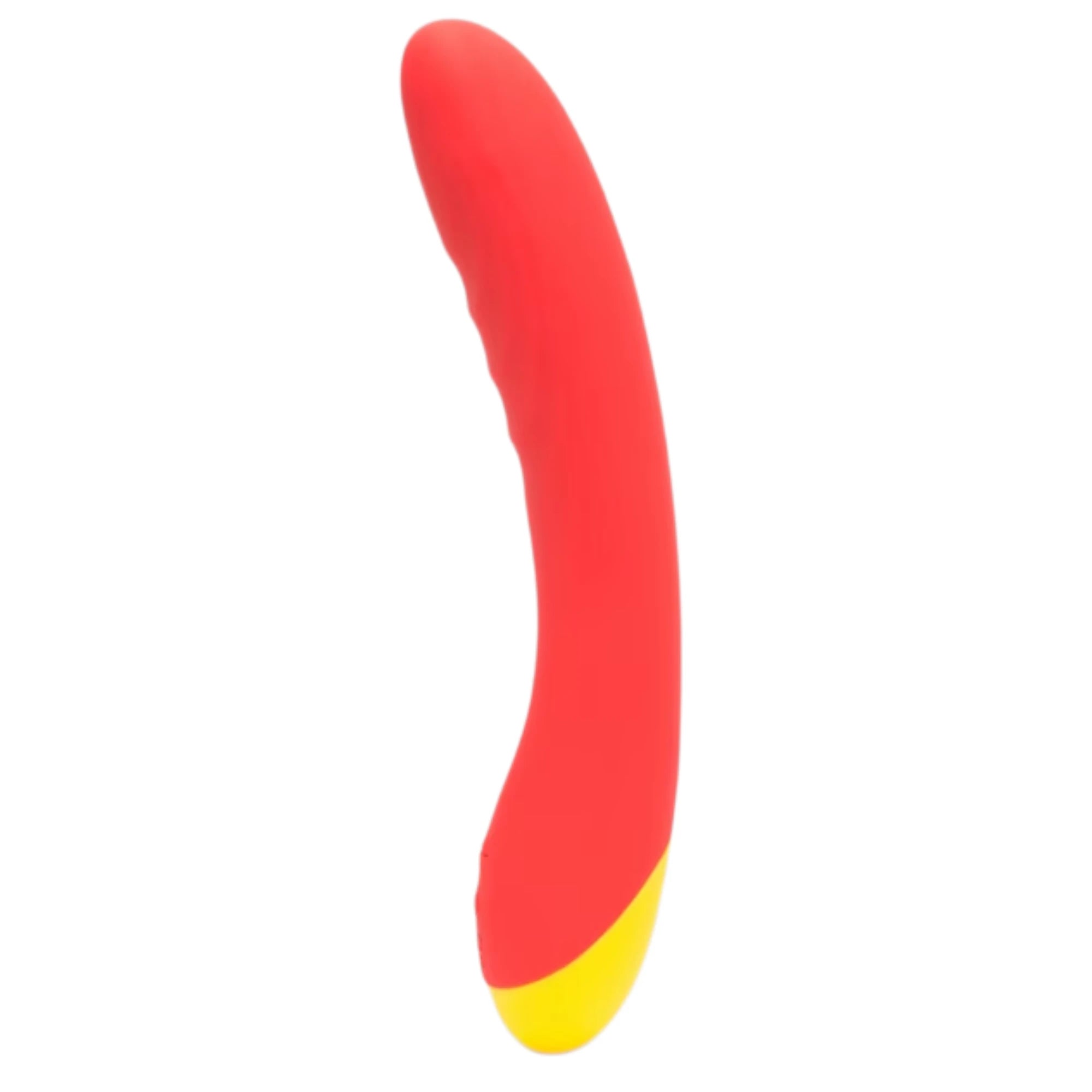 The ROMP Hype rechargeable G-spot vibrator in red silicone with a long curved shaft and a yellow rounded base, shown on a plain white background