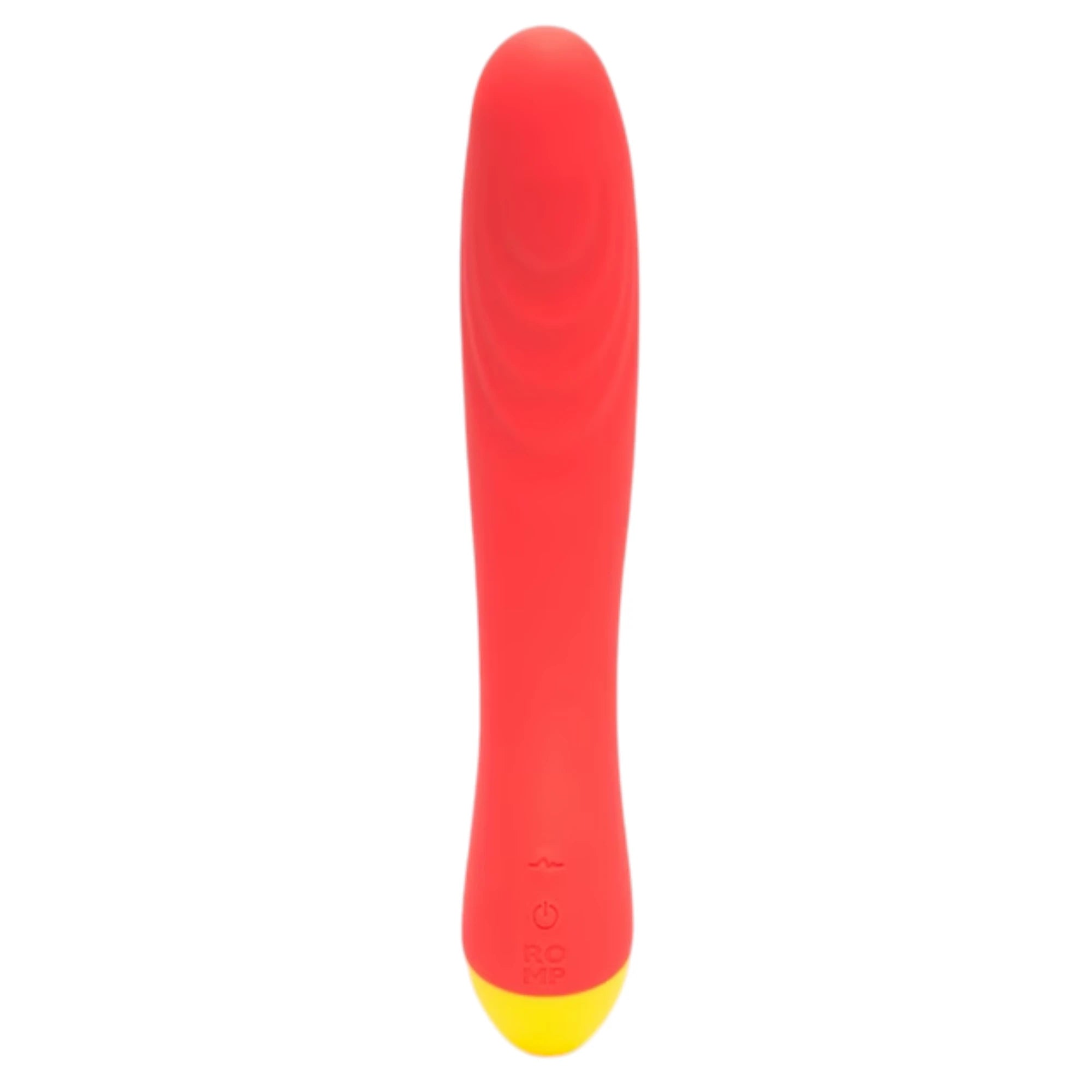 The ROMP Hype rechargeable G-spot vibrator in red silicone with a slim curved body, a rounded tip with subtle raised grip details, and a yellow rounded base with integrated control buttons, shown on a plain white background