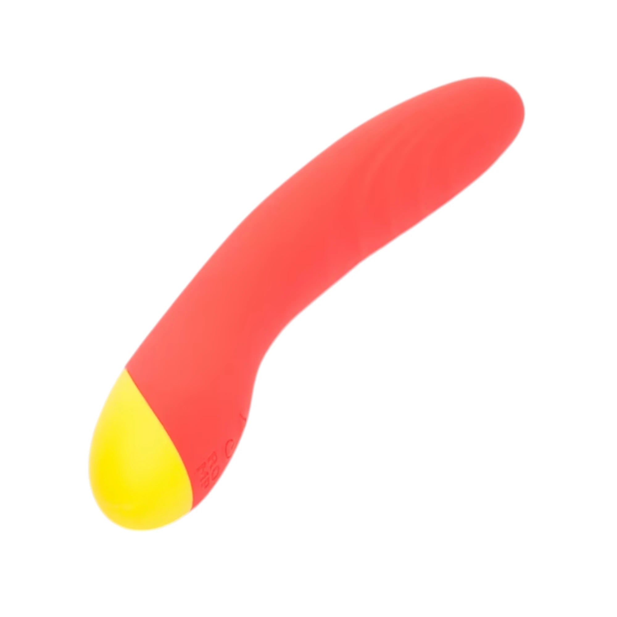 The ROMP Hype rechargeable G-spot vibrator in red silicone with a smooth curved shaft and a yellow rounded base, shown on a plain white background.