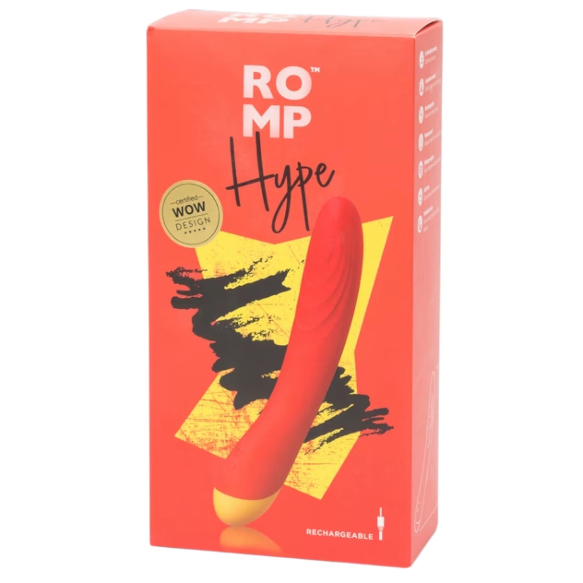 The ROMP Hype rechargeable G-spot vibrator retail box in red and orange with a product image on the front and ‘ROMP Hype’ branding, shown on a plain white background