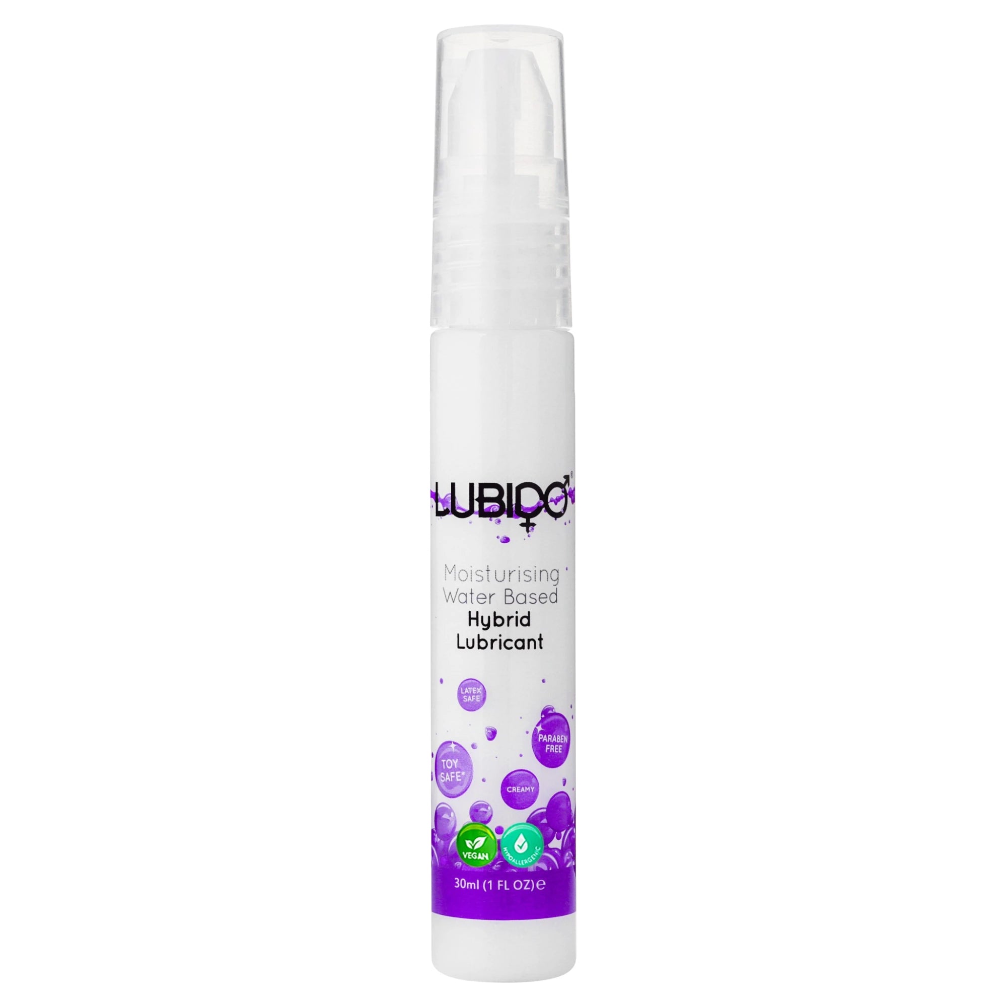 Lubido Moisturising water-based hybrid lubricant 30ml travel spray bottle shown from front displaying clear gel formula, white spray nozzle, Lubido branding, 'Moisturising Water Based Hybrid Lubricant' label, 'Body Safe', 'Paraben Free', 'Toy Safe', and 'Creamy' badges, vegan and cruelty-free icons, purple gradient design against white background