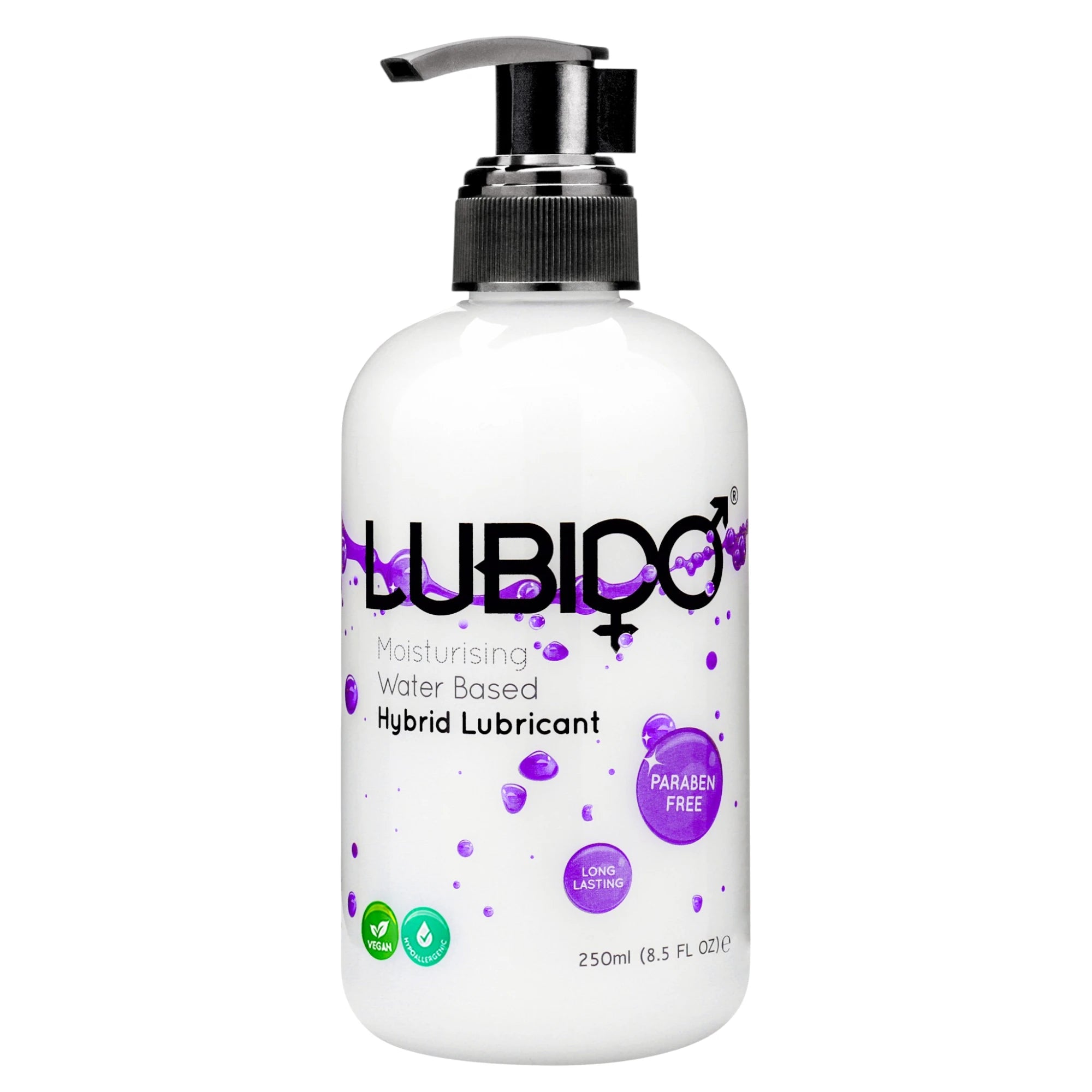 Lubido Moisturising water-based hybrid lubricant 250ml pump bottle shown from front displaying clear gel formula, black pump dispenser, Lubido branding, 'Moisturising Water Based Hybrid Lubricant' label, 'Paraben Free' and 'Long Lasting' badges, vegan and cruelty-free icons, and purple bubble design against white background