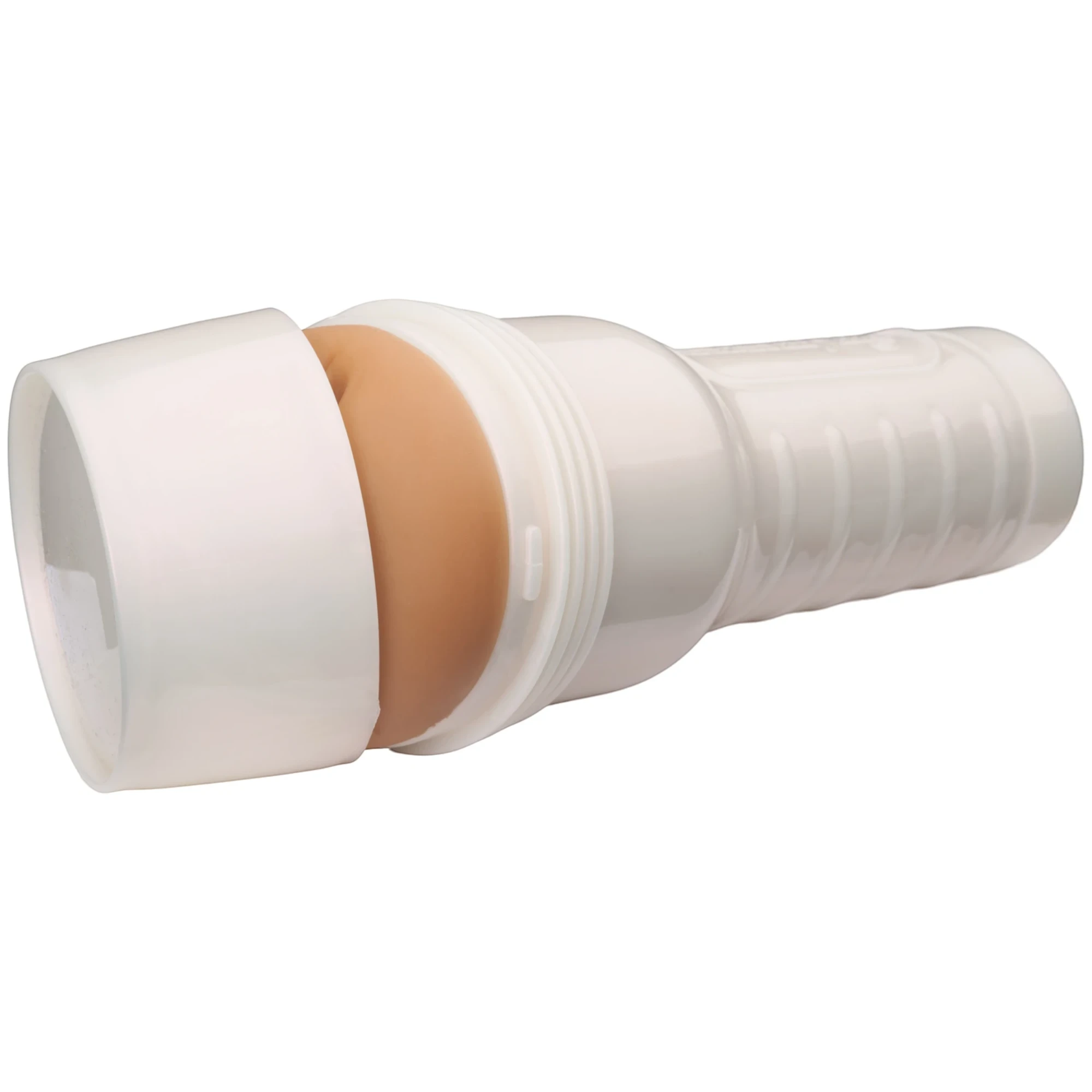 Fleshlight Janice Griffith Eden Texture stroker toy shown from side displaying white cylindrical case with ribbed grip and textured internal sleeve visible against white background