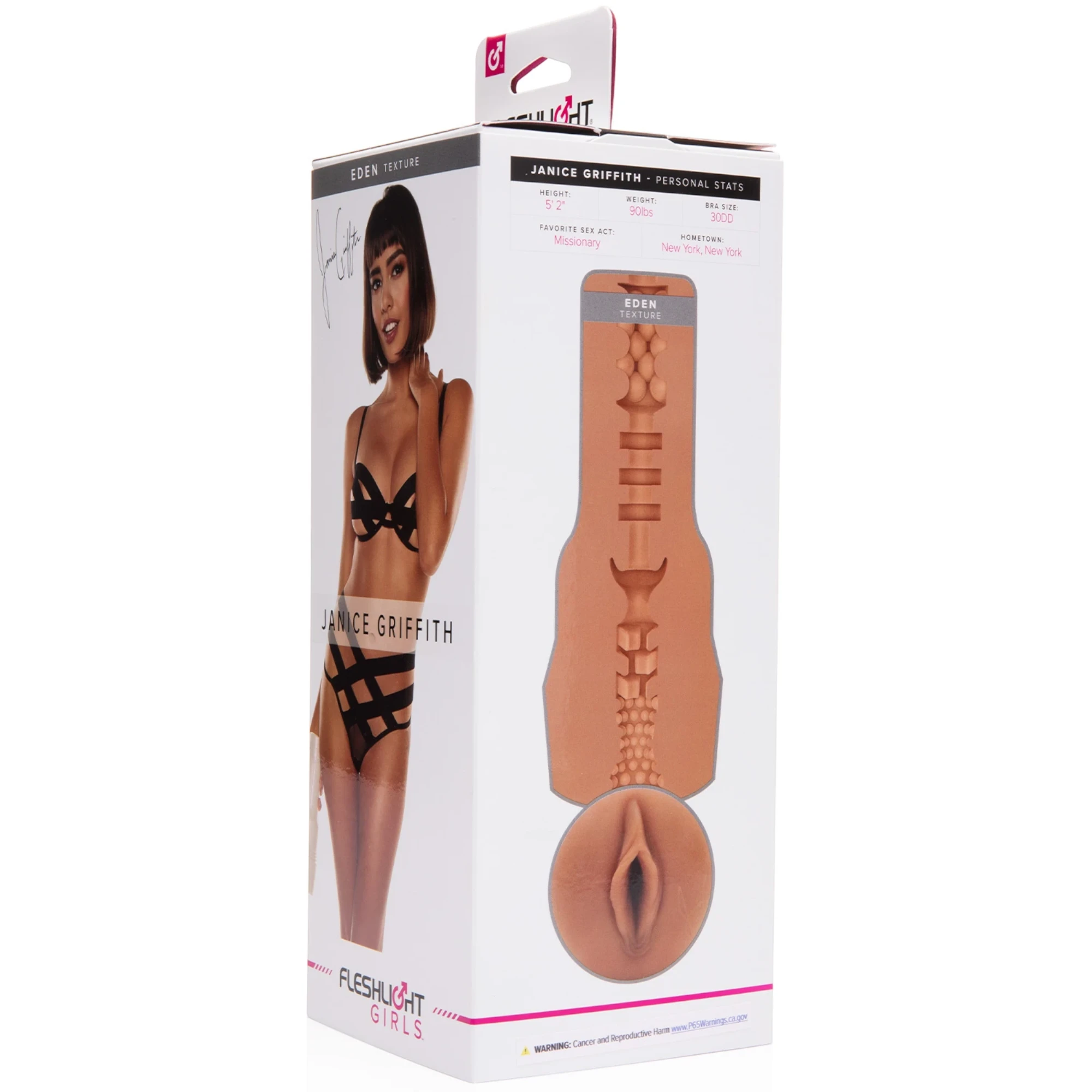 Fleshlight Girls Janice Griffith Eden Texture packaging box with grey header, white body featuring Janice Griffith portrait and signature, product texture details on right side with personal stats, and Fleshlight Girls branding with pink accents against white background