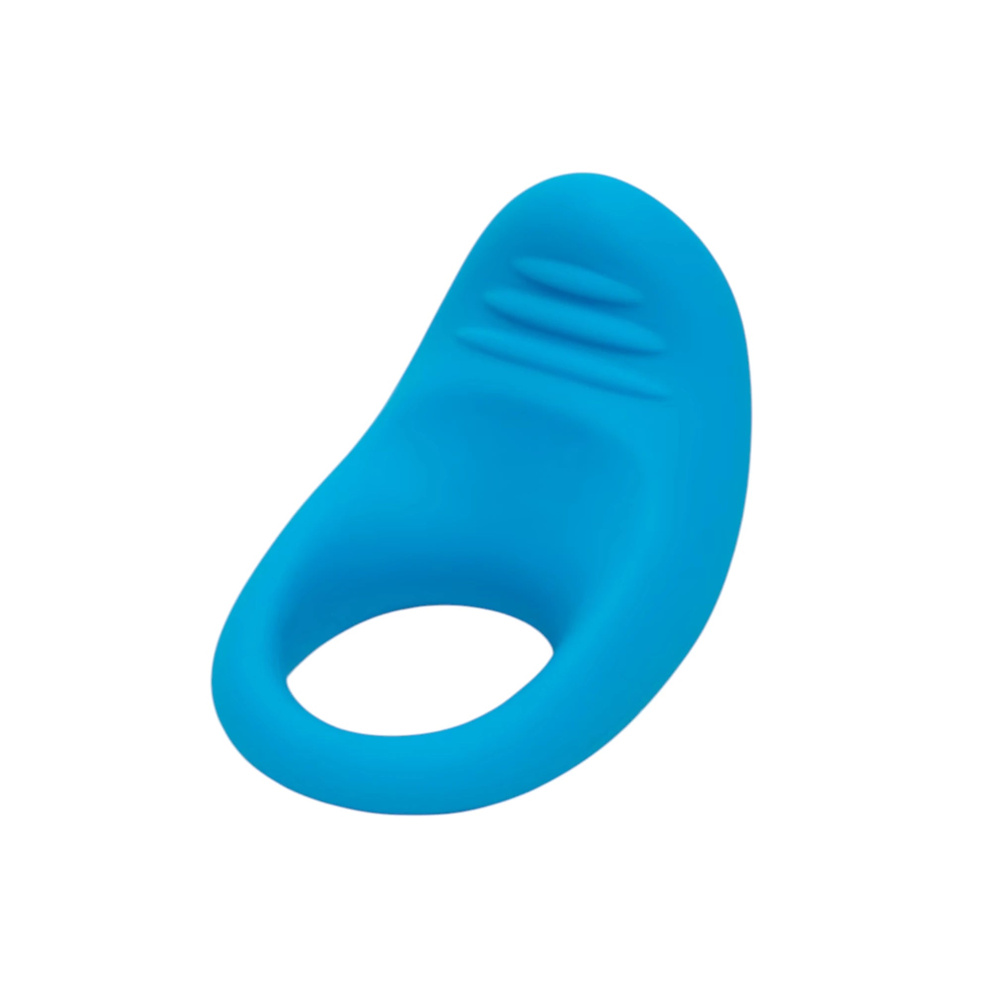 The ROMP Juke rechargeable vibrating cock ring in blue silicone with a wide oval ring and a raised textured vibrator section at the top, shown on a plain white background