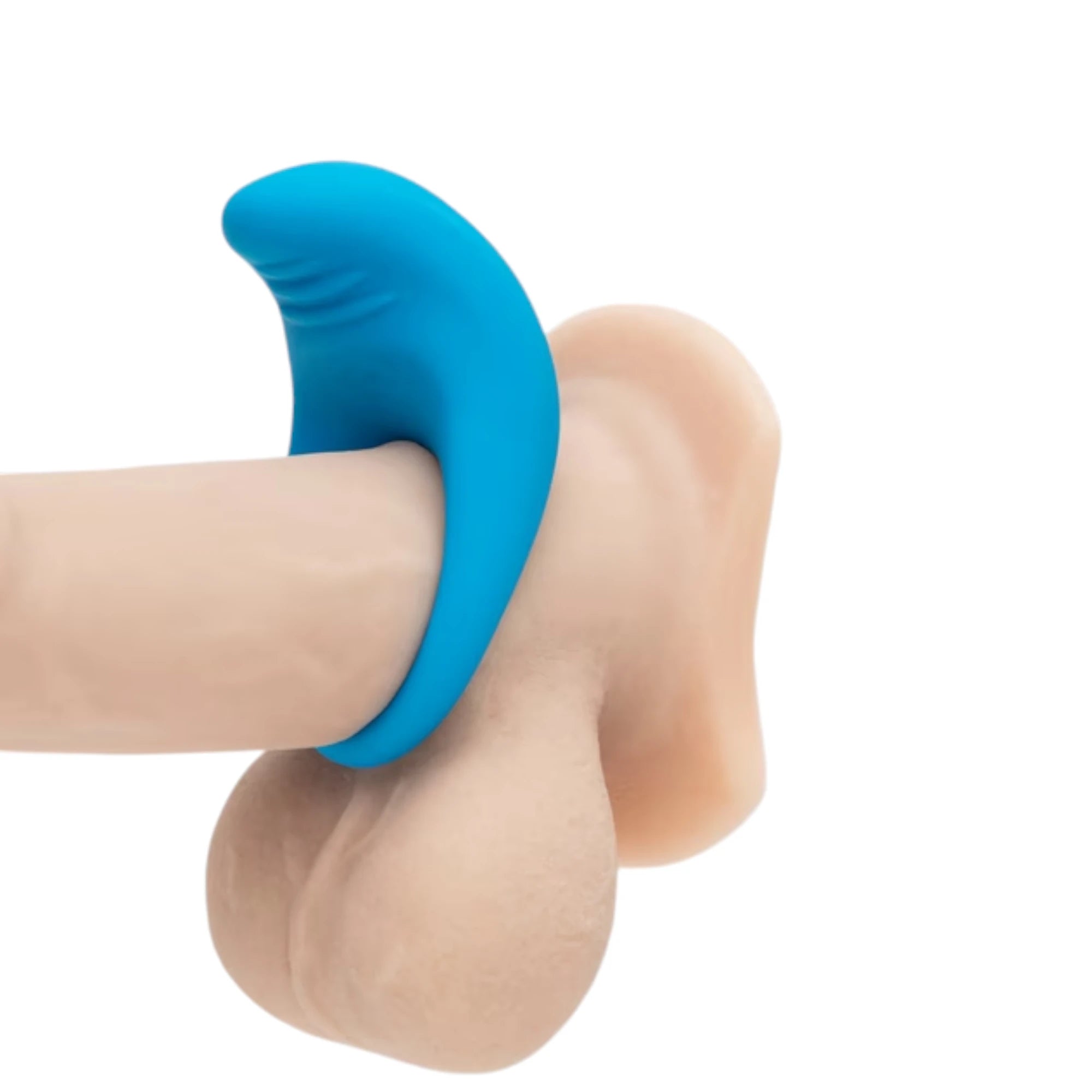 The ROMP Juke rechargeable vibrating cock ring in blue silicone with a wide oval ring and a raised textured vibrator section at the top, shown fitted on a penis against a plain white background