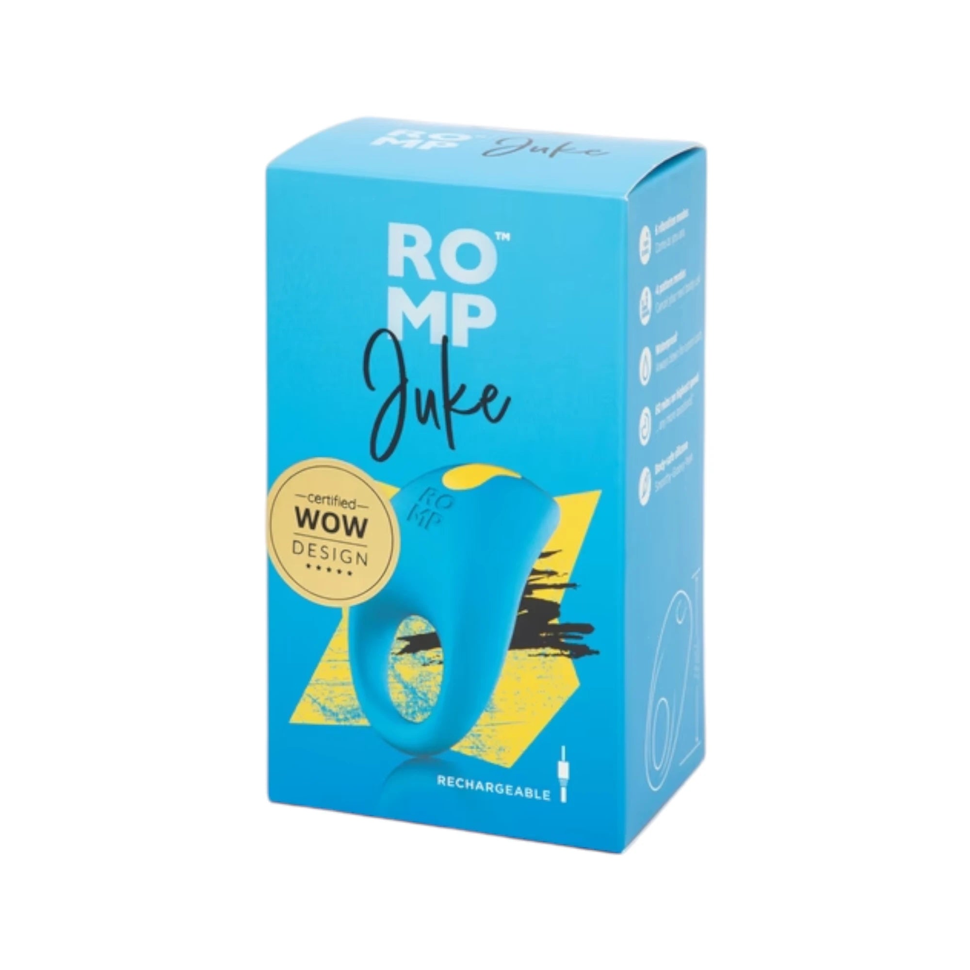 The ROMP Juke rechargeable vibrating cock ring retail box in blue with a product image on the front and ‘ROMP Juke’ branding, shown on a plain white background