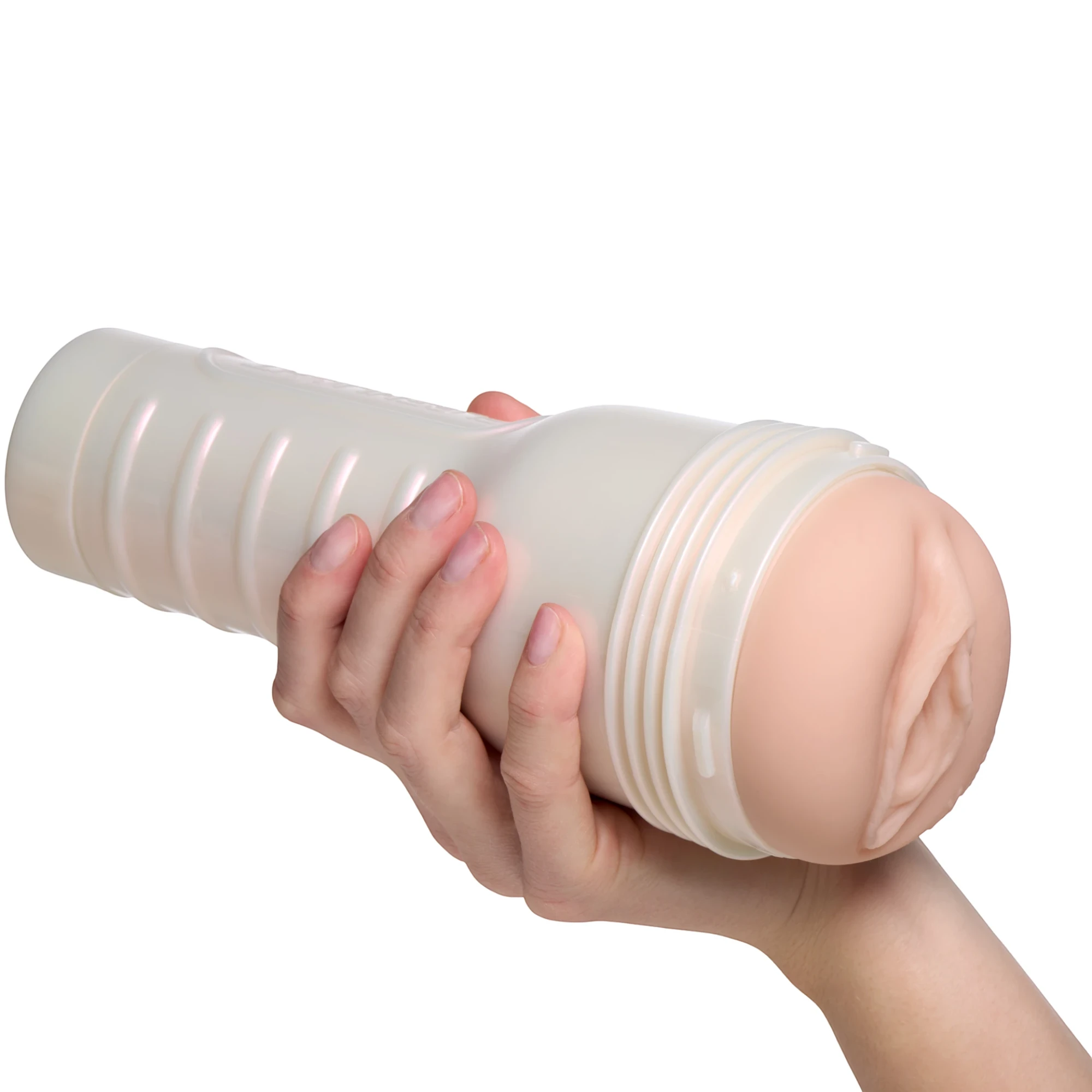 Fleshlight Kayley Gunner Fully Loaded Texture stroker toy held in hand displaying white cylindrical case with ribbed grip and textured internal sleeve visible against white background