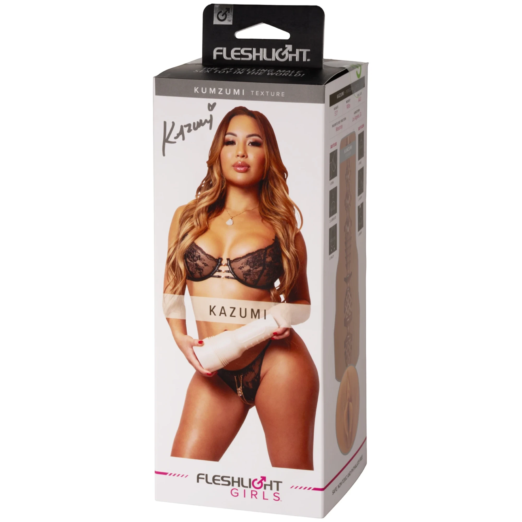Fleshlight Girls Kazumi Kumzumi Texture packaging box with grey header, white body featuring Kazumi portrait and signature, product texture details on right side, and Fleshlight Girls branding with pink accents against white background