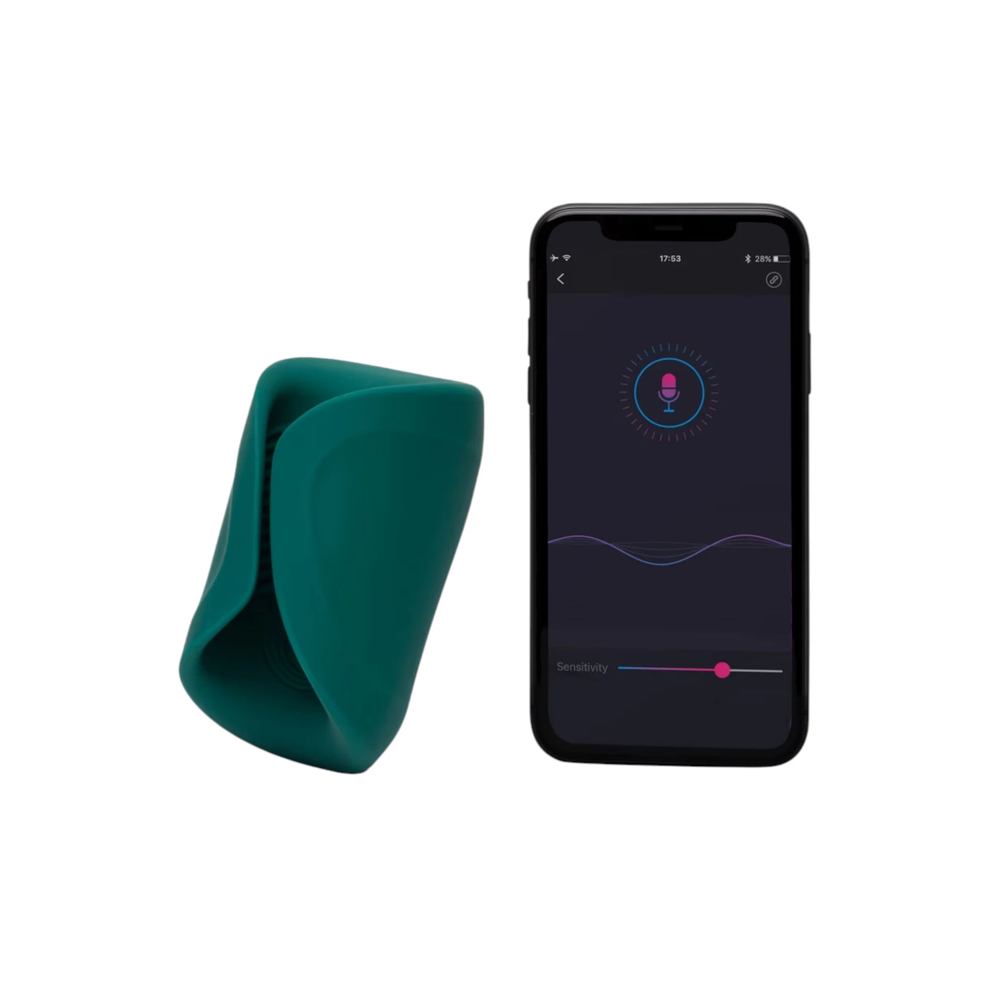 Lovense Gush 2 teal male masturbator displayed next to smartphone showing app control interface with sensitivity slider and vibration pattern visualization against white background