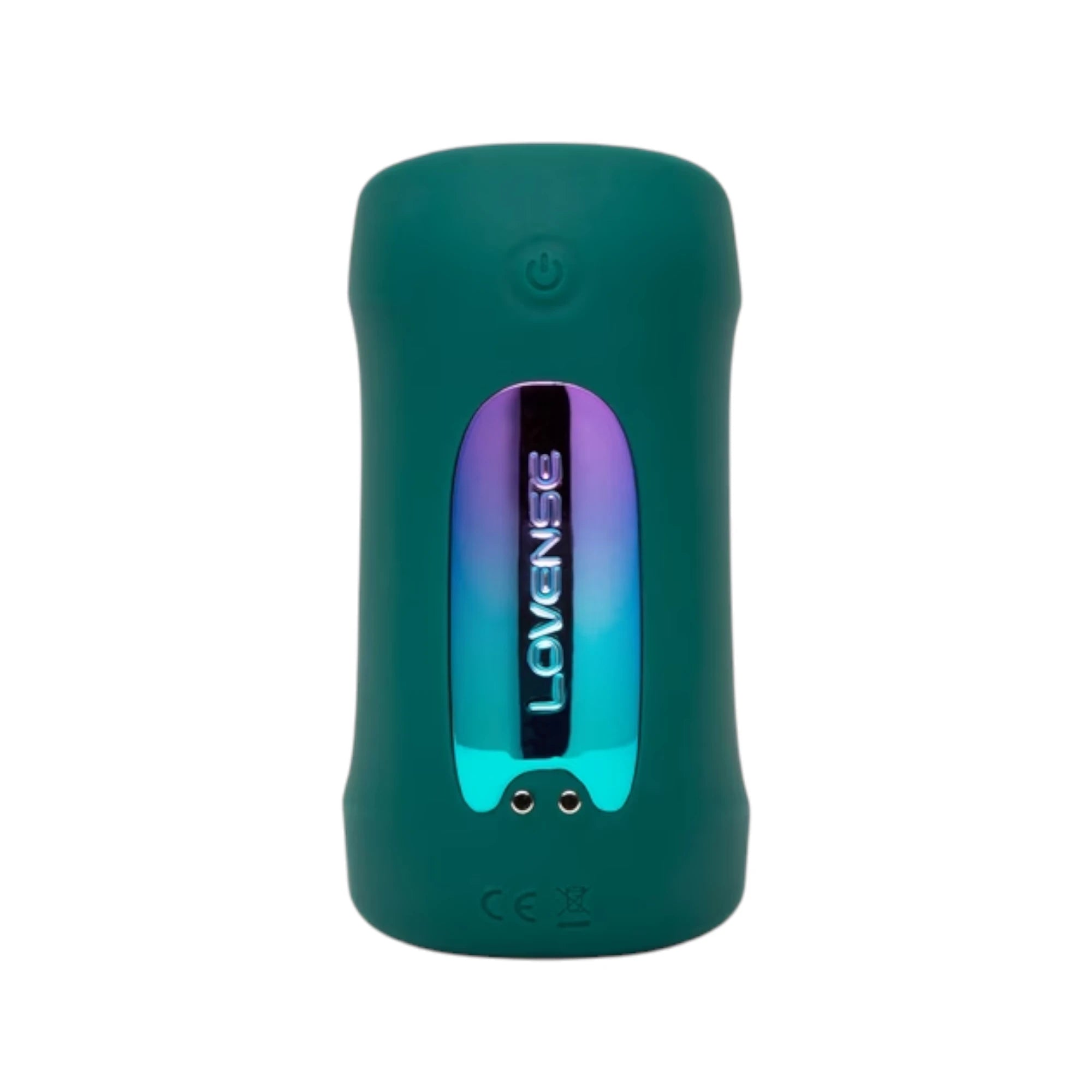 Lovense Gush 2 teal male masturbator shown from front displaying power button at top, purple and blue gradient interior window with Lovense branding, and charging ports at base against white background
