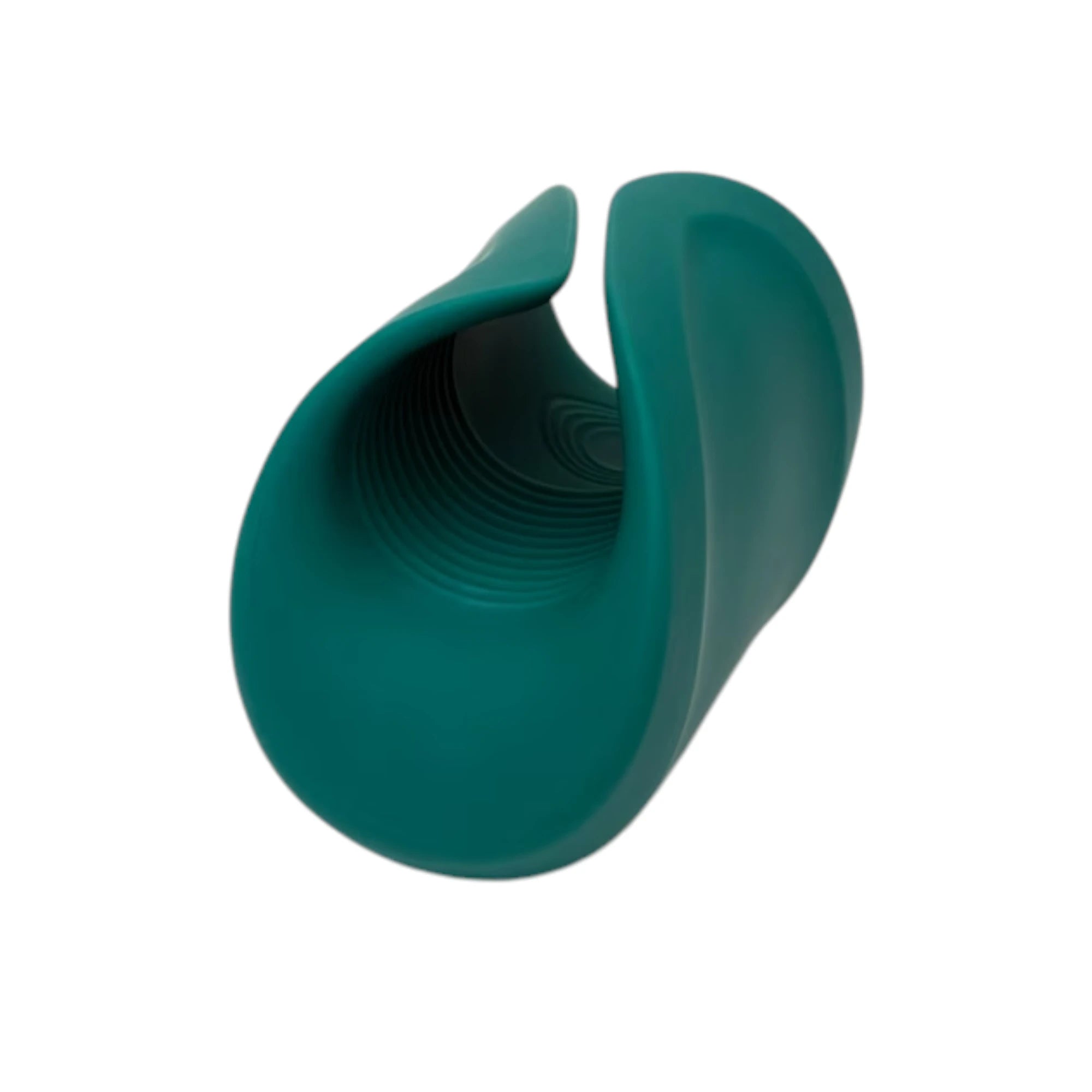 Lovense Gush 2 teal male masturbator shown from above displaying open interior with textured ridged pattern and curved ergonomic shape against white background