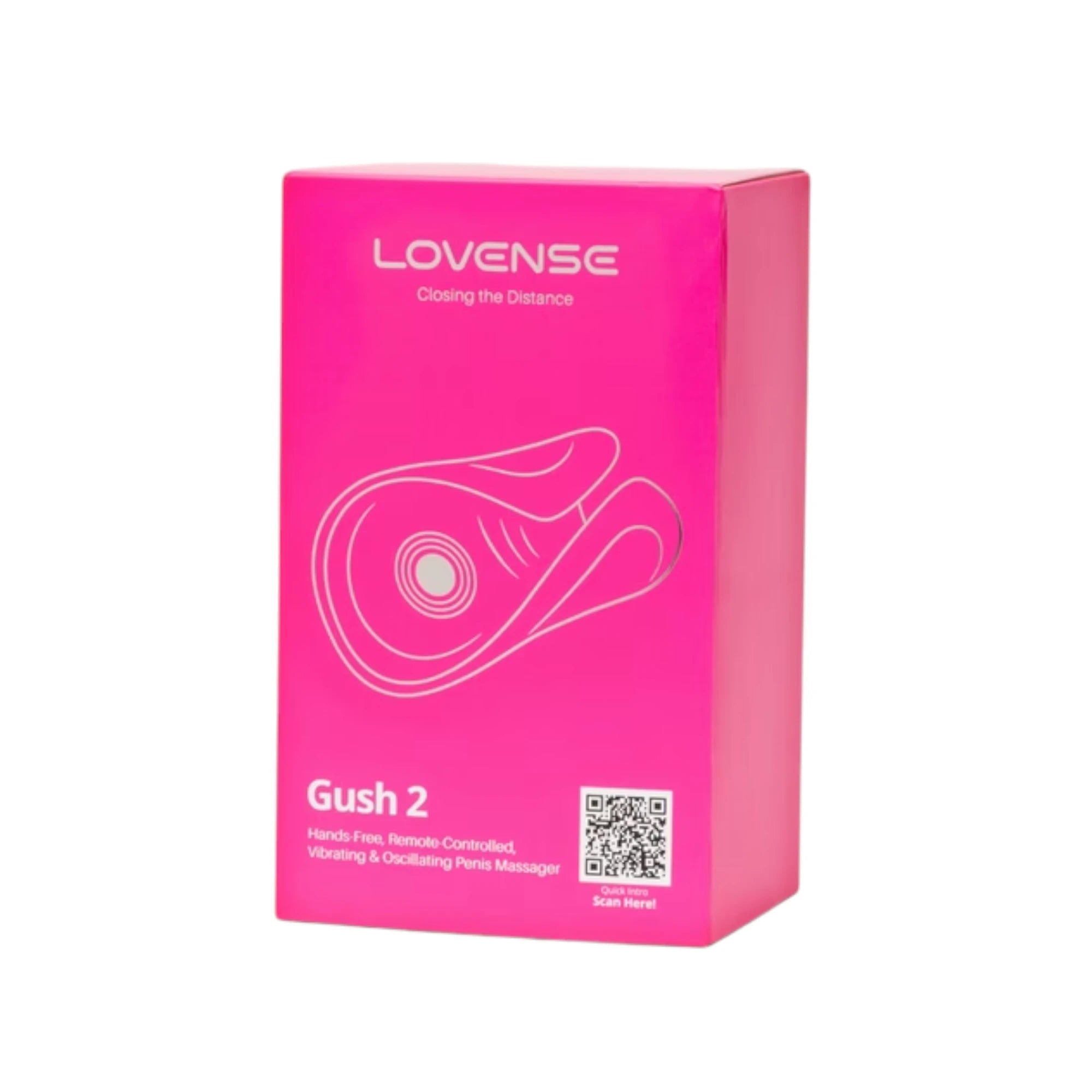 Lovense Gush 2 packaging box in pink with Lovense branding, line illustration of the toy, product name 'Gush 2', and QR code on front panel against white background