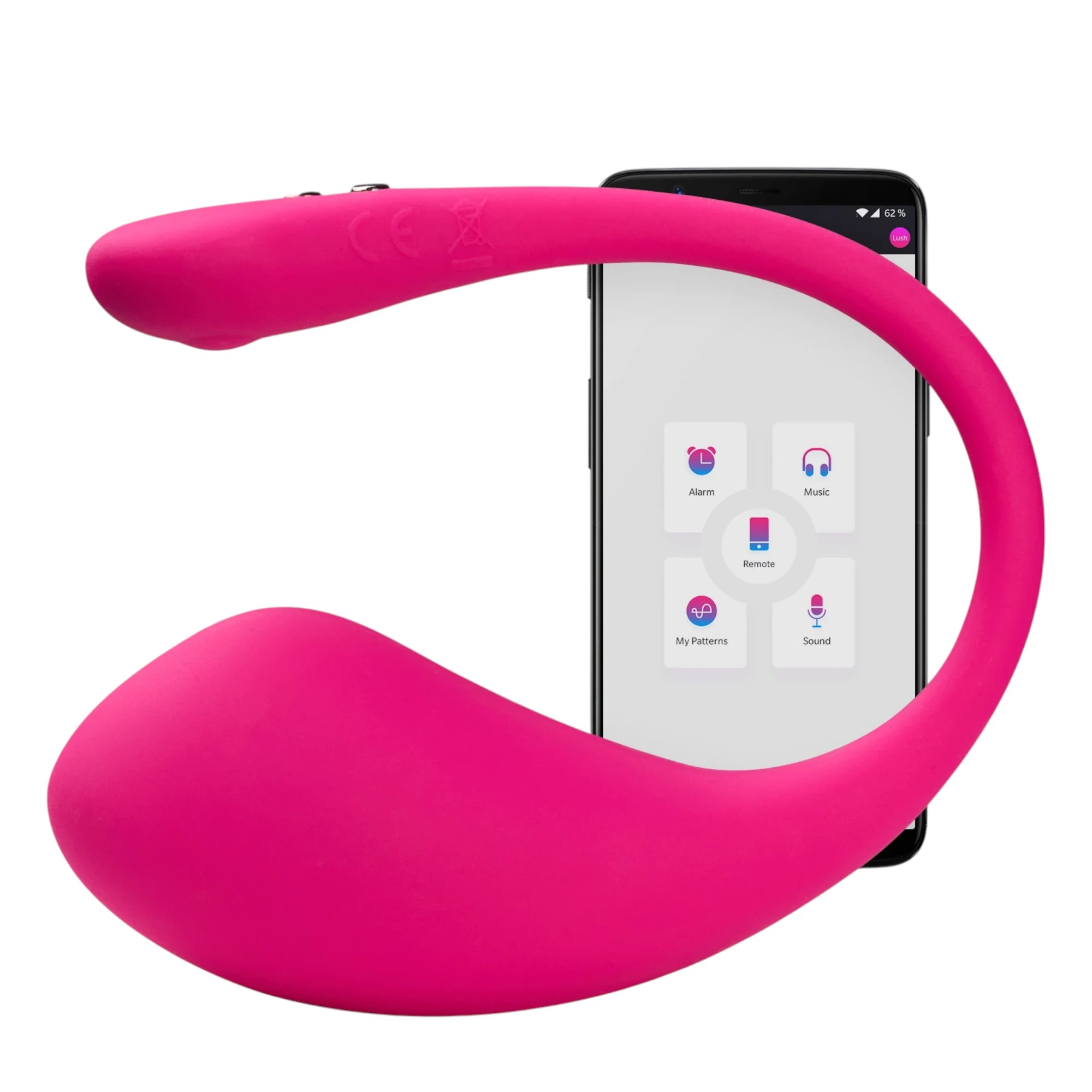 Lovense Lush 3 hot pink wearable egg vibrator displayed next to smartphone showing app control interface with Alarm, Music, Remote, My Patterns, and Sound options against white background