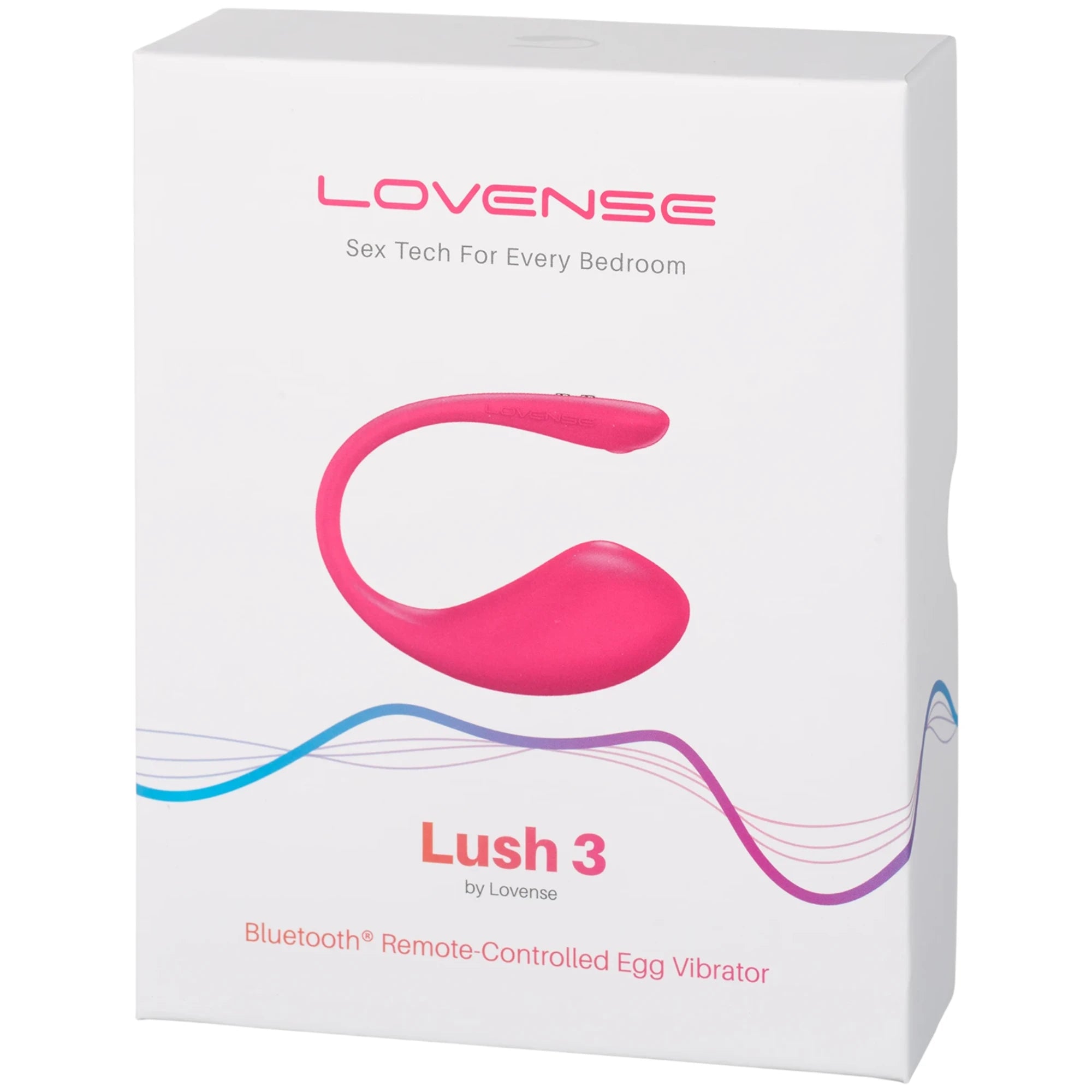 Lovense Lush 3 packaging box in white with Lovense branding, tagline 'Sex Tech For Every Bedroom', product illustration in hot pink, and text 'Bluetooth Remote-Controlled Egg Vibrator' against white background