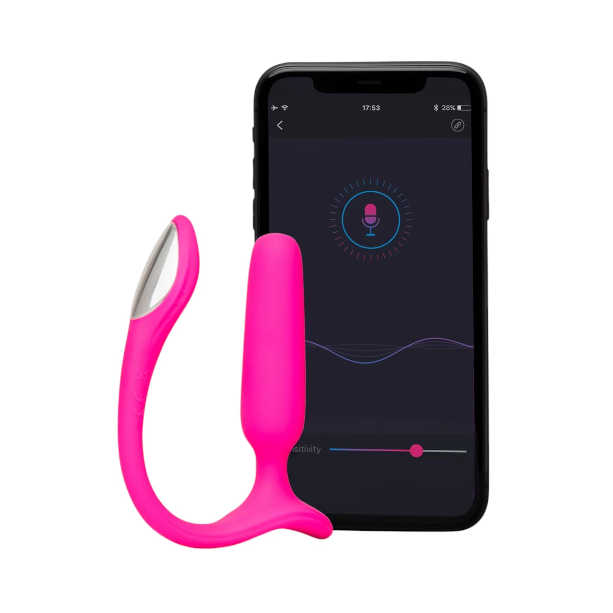 Lovense Lush anal vibrating butt plug in pink shown next to a smartphone displaying the Lovense app interface, highlighting the curved tail design and remote-control app connectivity against a white background.
