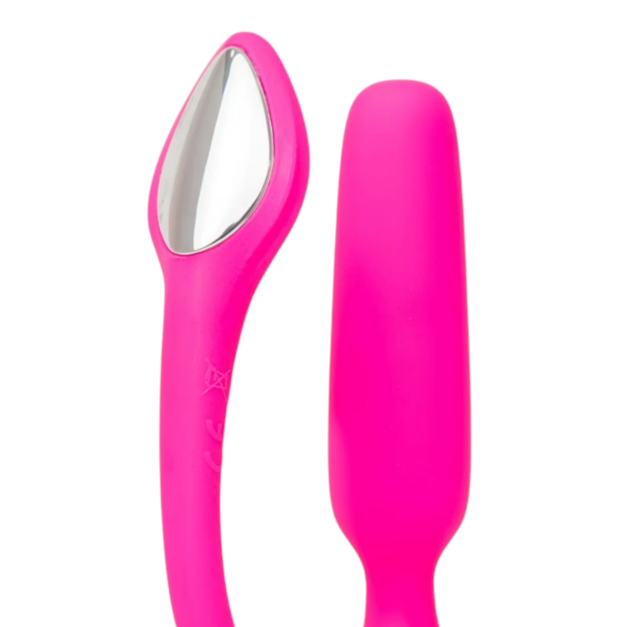Close-up of the Lovense Lush anal vibrating butt plug in pink, showing the tapered plug body and curved tail with a silver external panel detail against a white background.