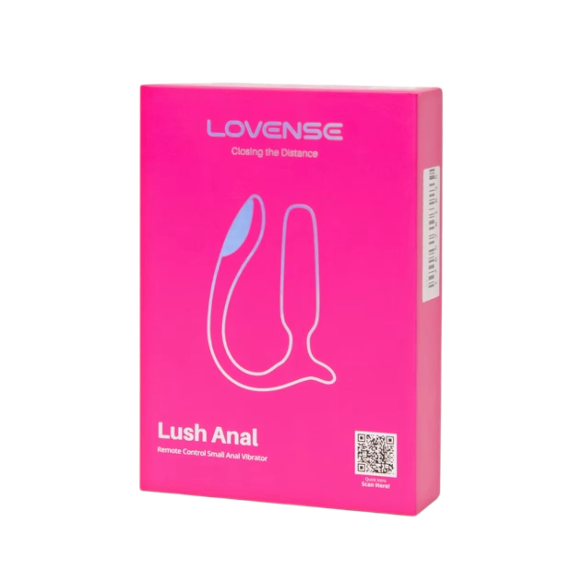 Lovense Lush Anal retail box shown upright in pink, featuring Lovense branding, a line drawing of the Lush Anal vibrator and the “Lush Anal” product name printed on the front against a white background.