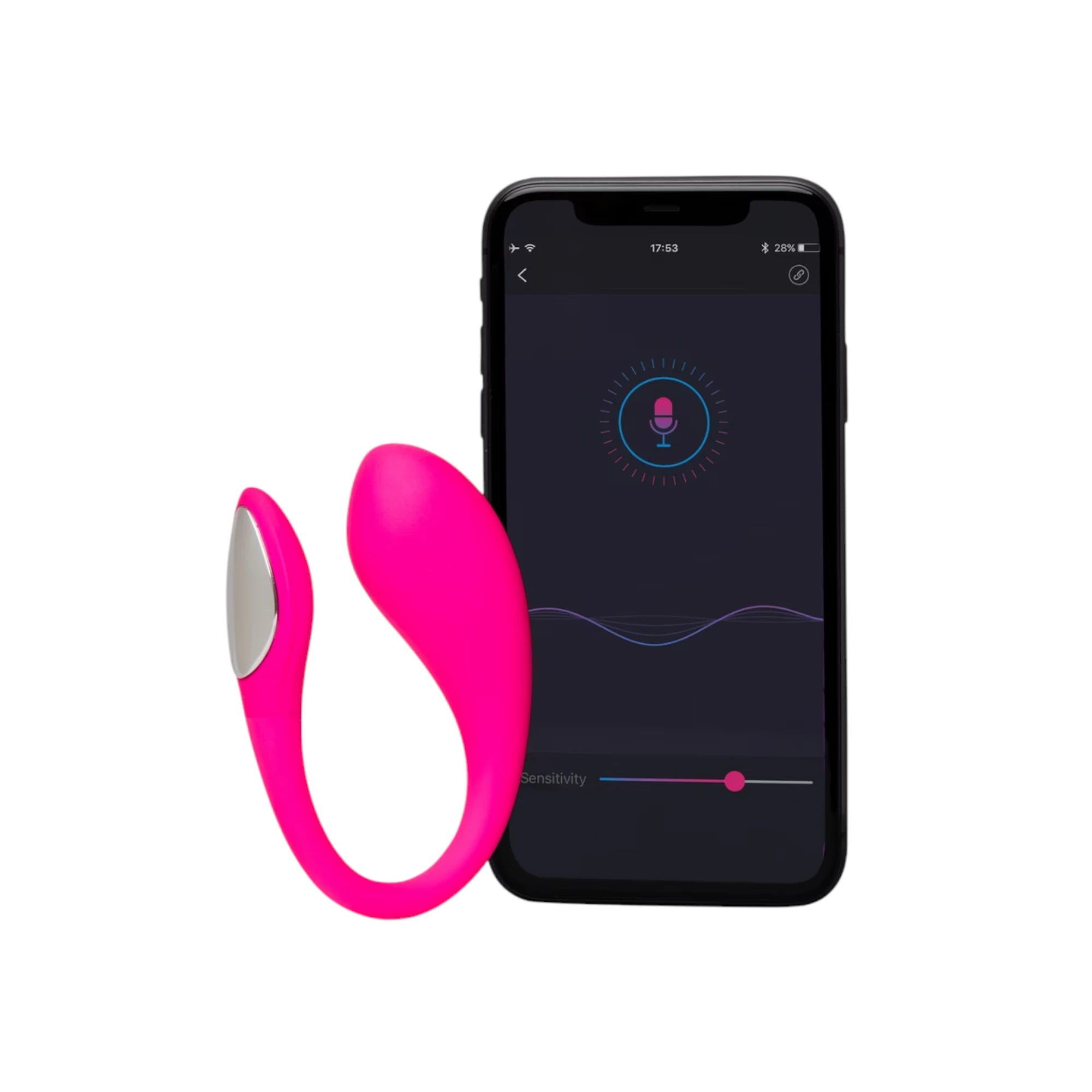 Lovense Lush 4 Mini vibrating egg in pink shown next to a smartphone displaying the Lovense app interface with control settings, highlighting the wearable egg design and remote-control app connectivity against a white background.