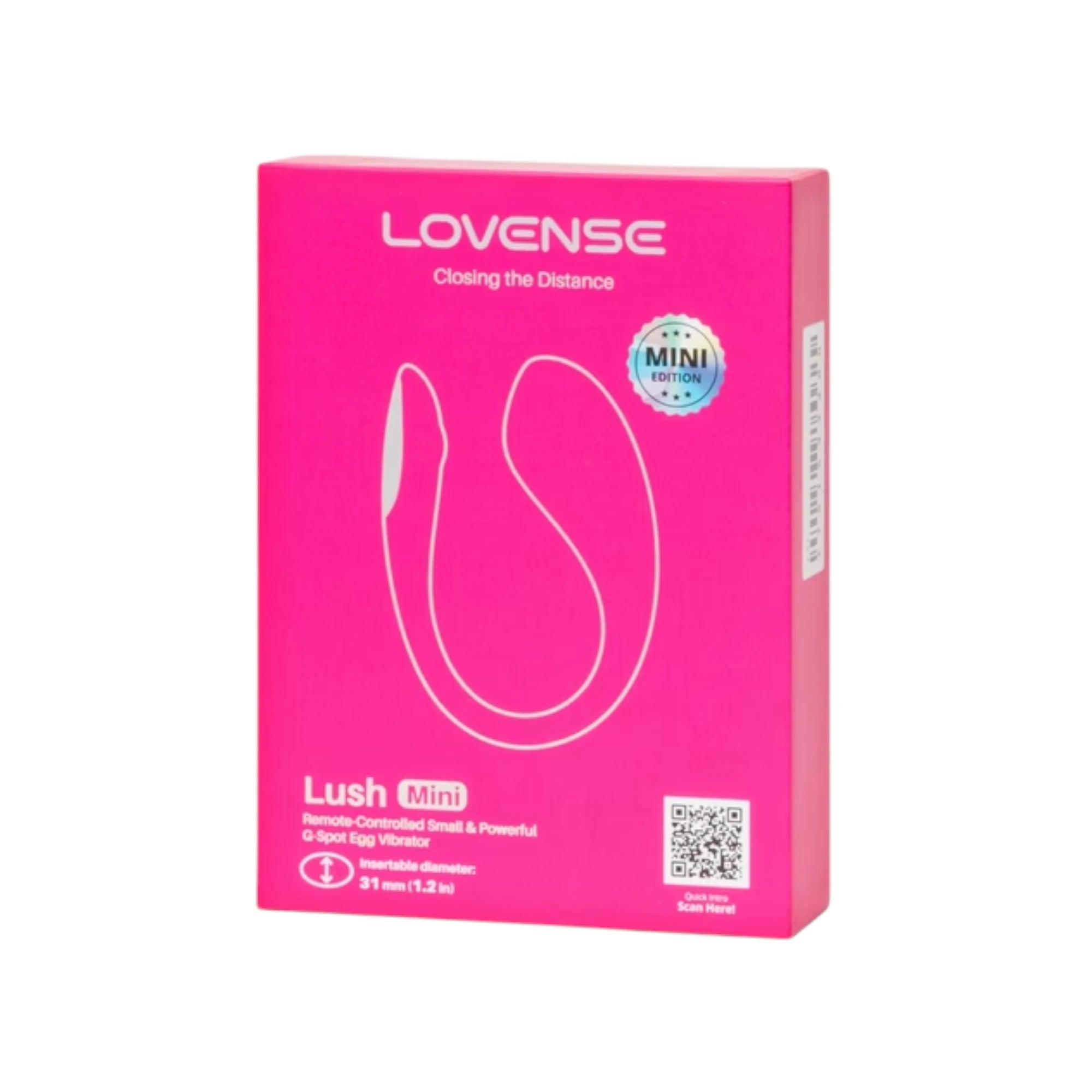 Lovense Lush Mini retail box shown upright in pink, featuring Lovense branding, a line drawing of the Lush Mini egg vibrator, "Mini Edition" badge and product description printed on the front against a white background