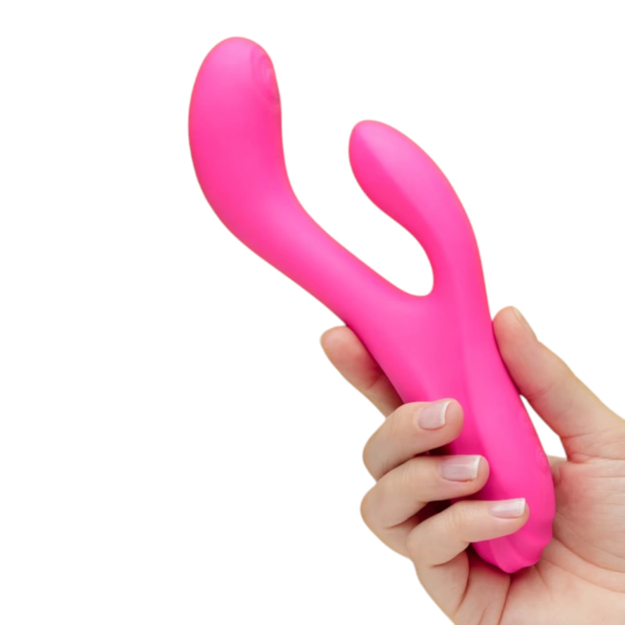 Lovense Osci 3 warming rabbit vibrator in pink shown held in a hand for size reference, highlighting the curved internal shaft and shorter external arm for dual stimulation against a white background