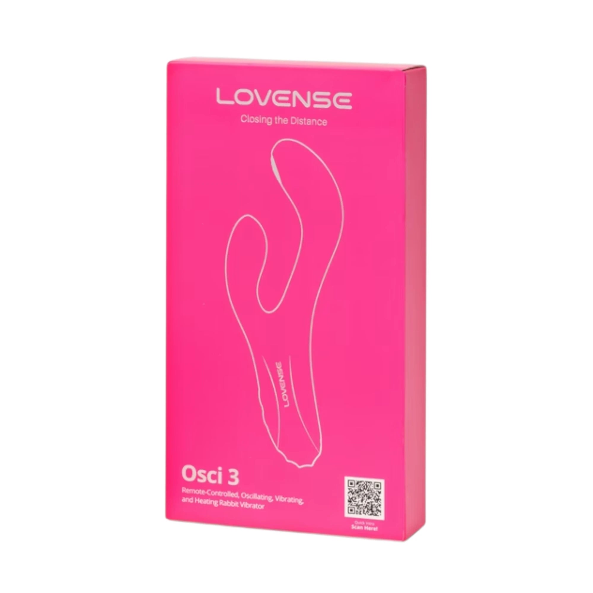Lovense Osci 3 retail box shown upright in pink, featuring Lovense branding, a line drawing of the Osci 3 rabbit vibrator and the “Osci 3” product name printed on the front against a white background.
