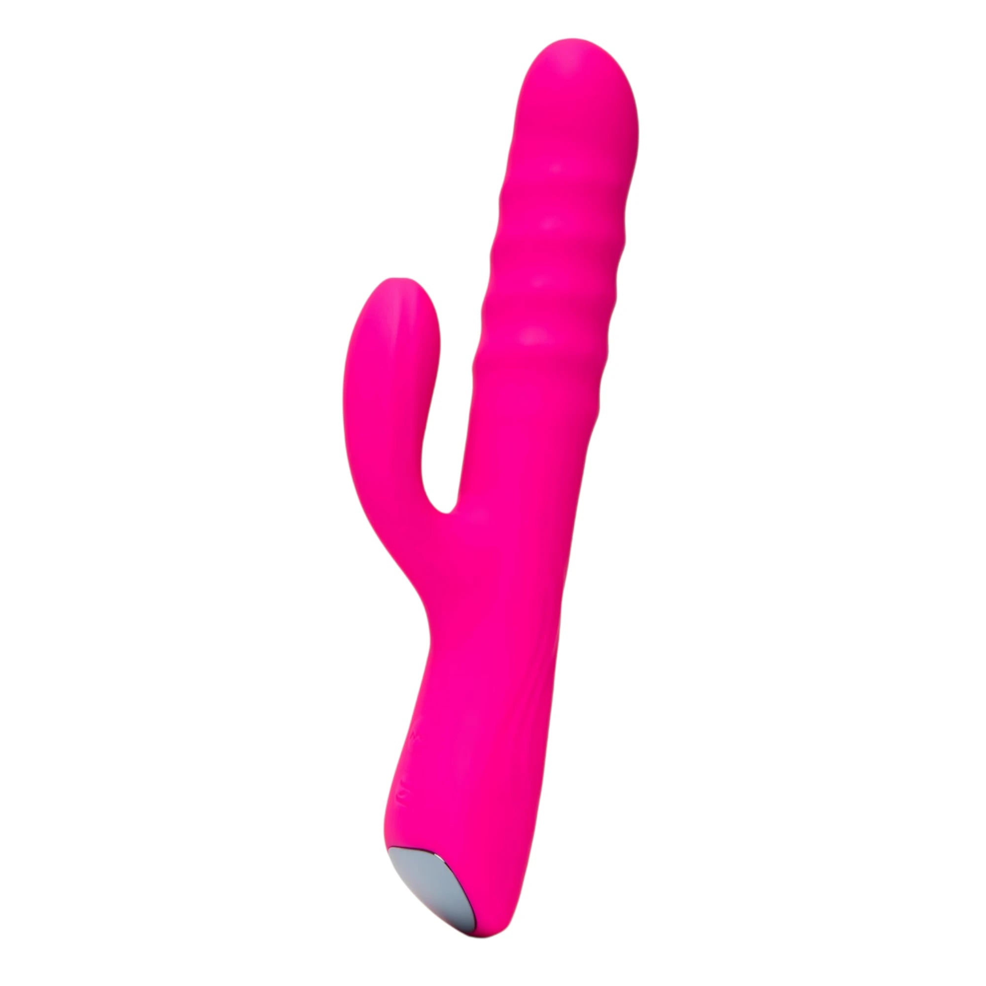 Lovense Velvo app-controlled rabbit vibrator in pink shown at an angled view, featuring a textured shaft with rotating bead ridges, a rounded tip, and a shorter curved external arm for dual stimulation against a white background.