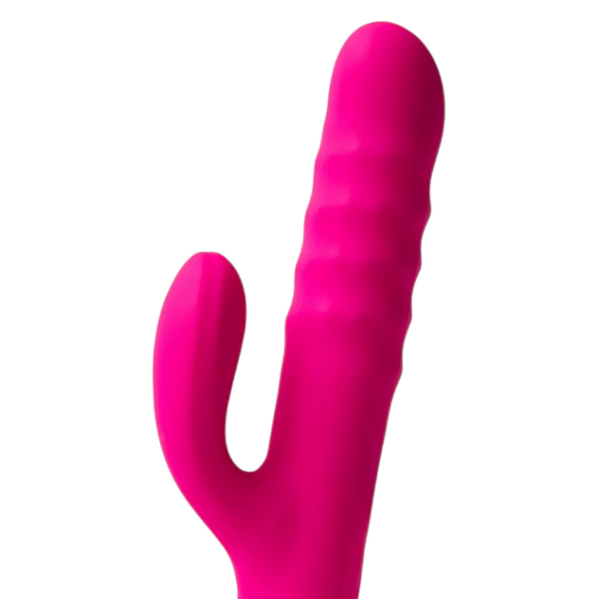 Pink dual-stimulation vibrator with textured shaft and curved arms against white background