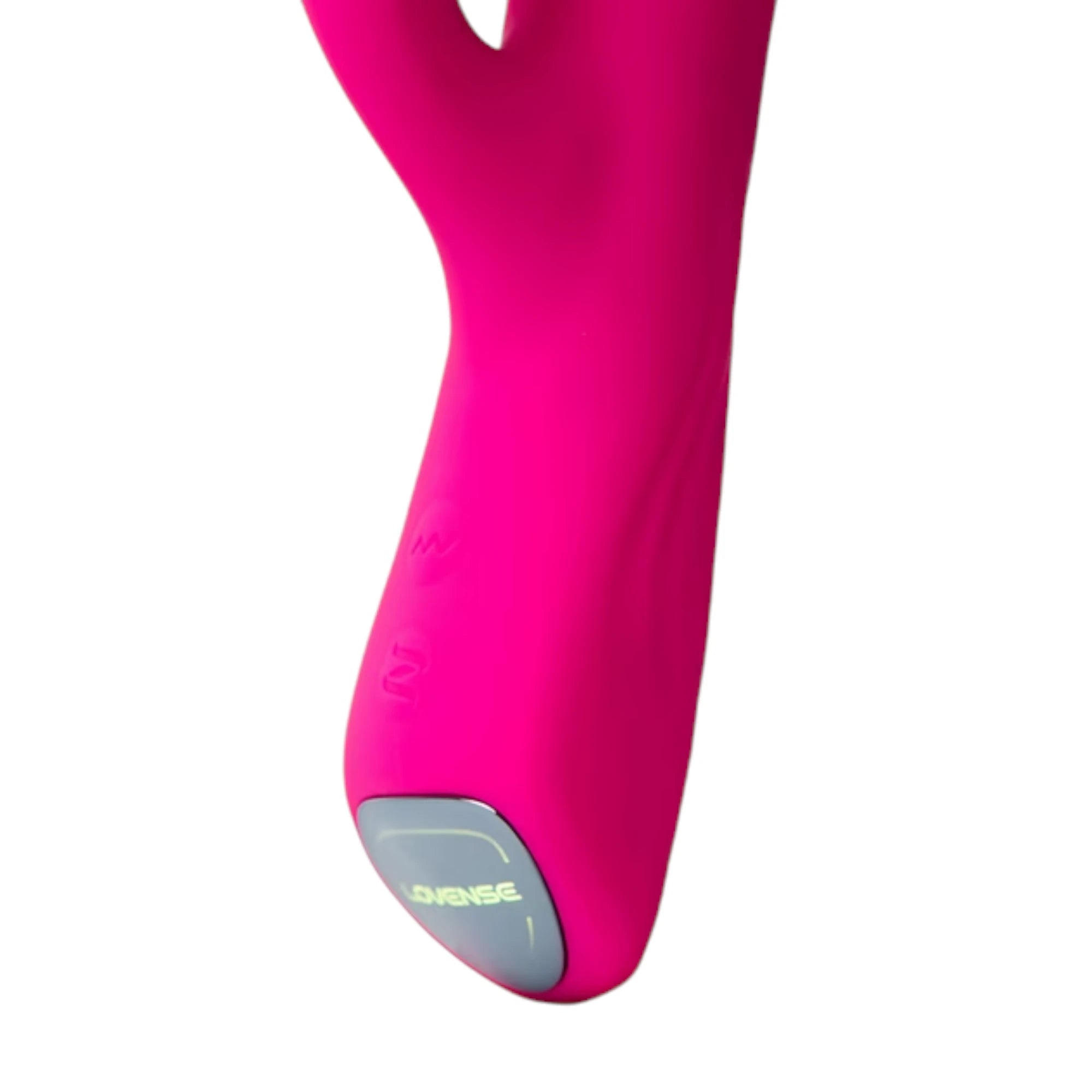 Pink rabbit vibrator base with grey control panel and Lovense branding against white background
